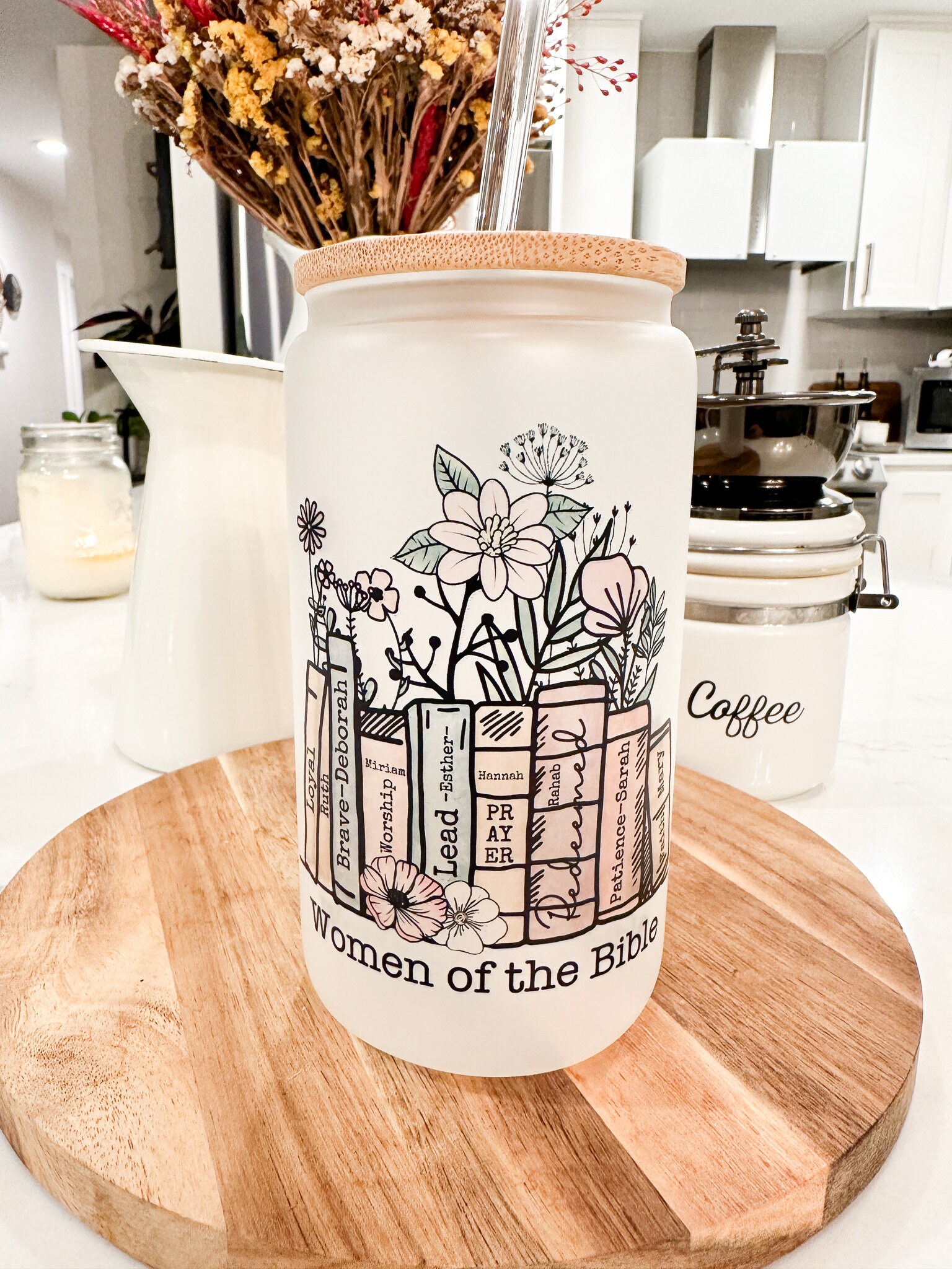 Women of the Bible Frosted Can Glass, Iced Coffee Glass, Faith Christian Girl Gifts, 16 oz Frosted Glass Cup with Lid & Straw, Gift for Her