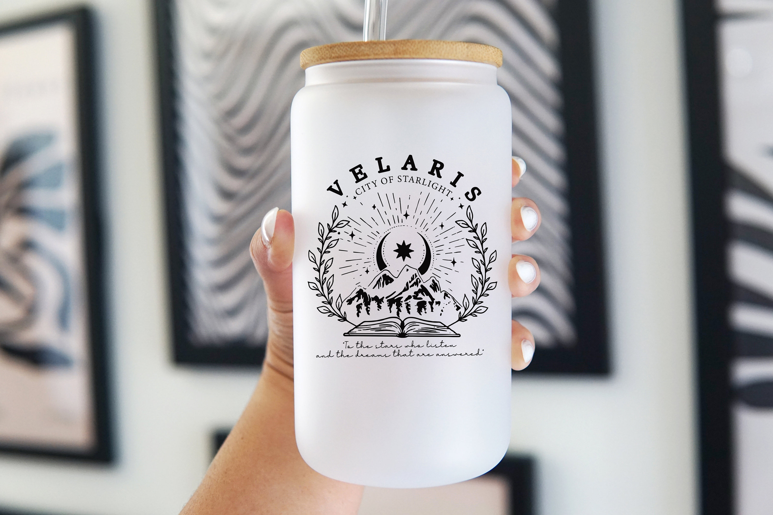 ACOTAR Glass Cup with Lid and Straw, Velaris City Of Starlight Iced Coffee Cup, To The Stars Glass Tumbler, Night Court Gift Merch Tumbler