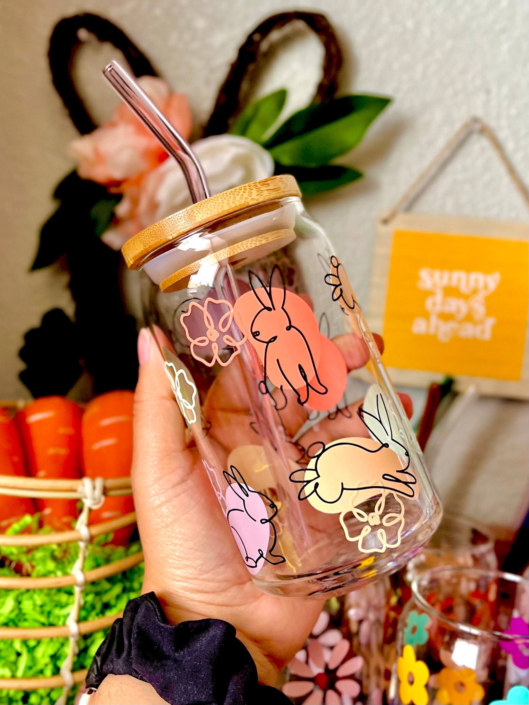 Boho Easter Bunny 16 oz Beer Can Glass | Spring Floral Soda Can Glass | Libbey Iced Coffee Cup | Gift For Her | Boho