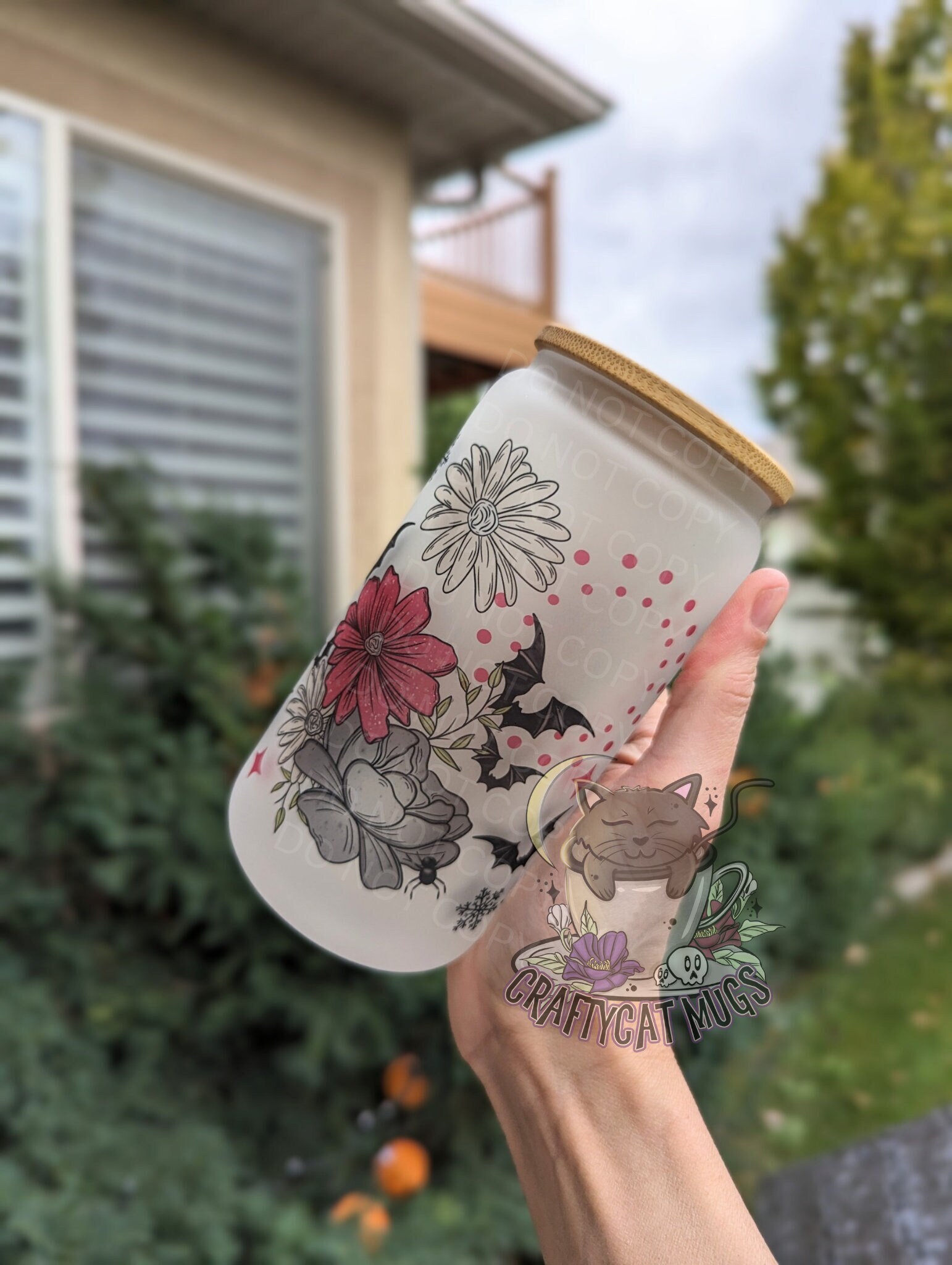 Frosted Glass Can | Iced Coffee Cup | Floral Bat Cup | Halloween Mug | Witchy Gifts