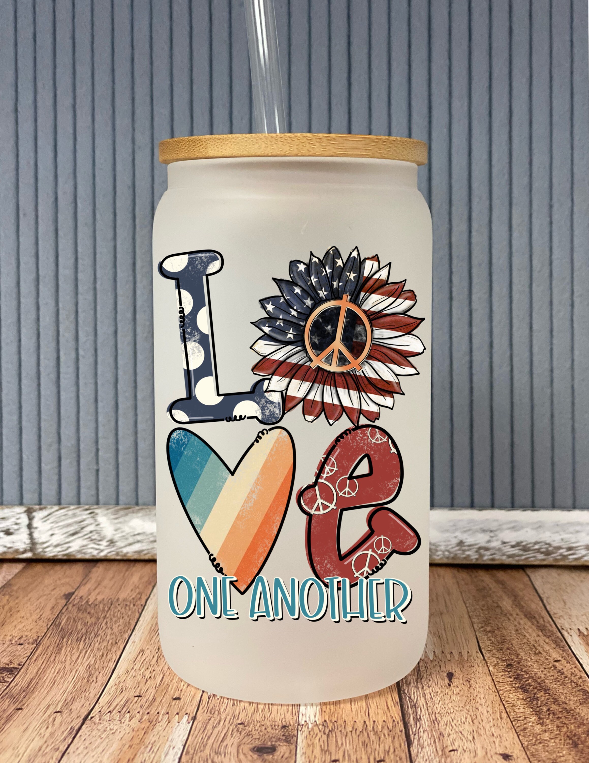 Love one another- frosted can shaped glass with lid and straw