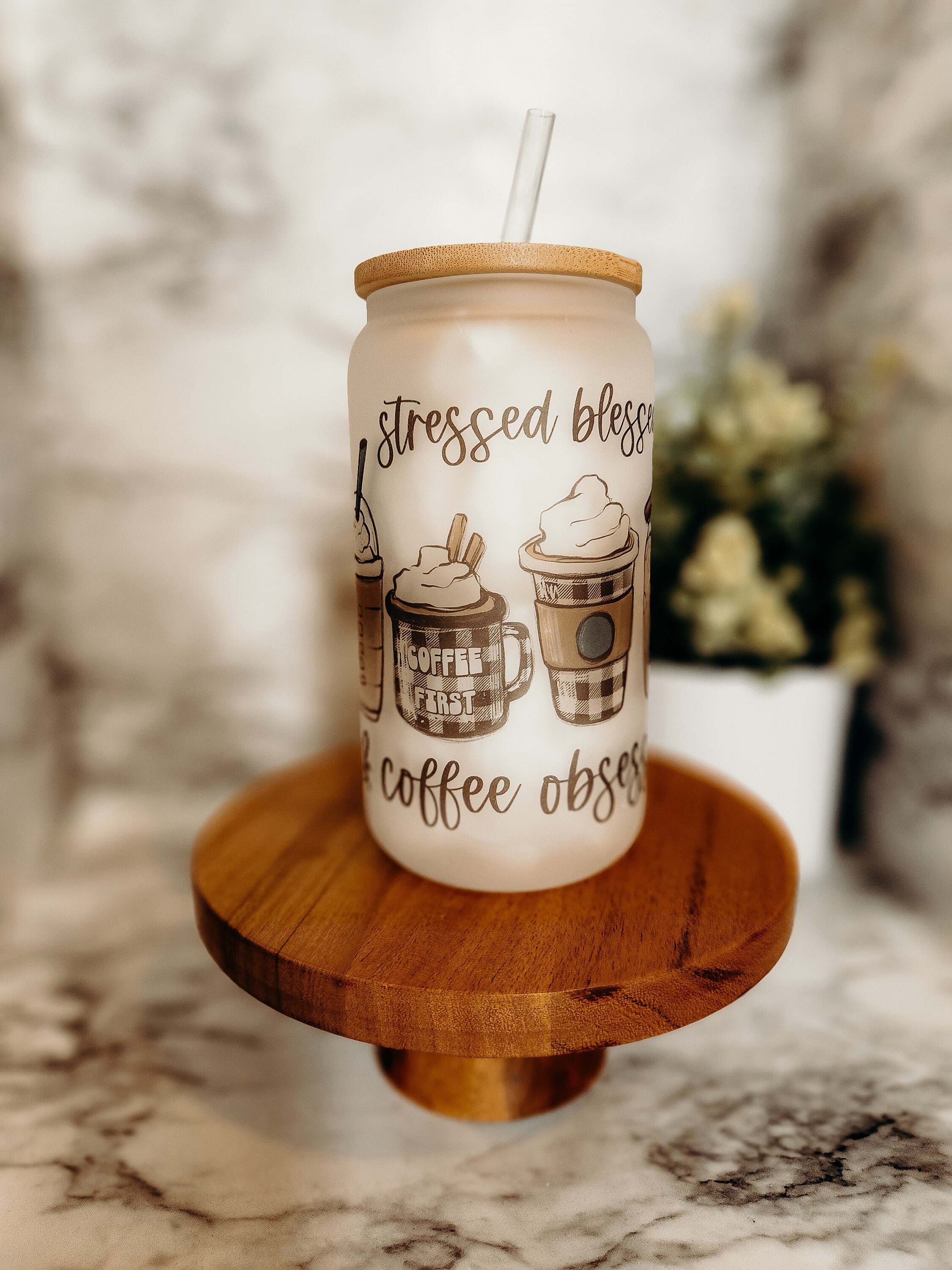 Stressed blessed coffee cup, fall coffee cup, Iced Coffee Cup ,  Glass Cup with Lid and Straw , Gifts for Women, coffee aesthetic