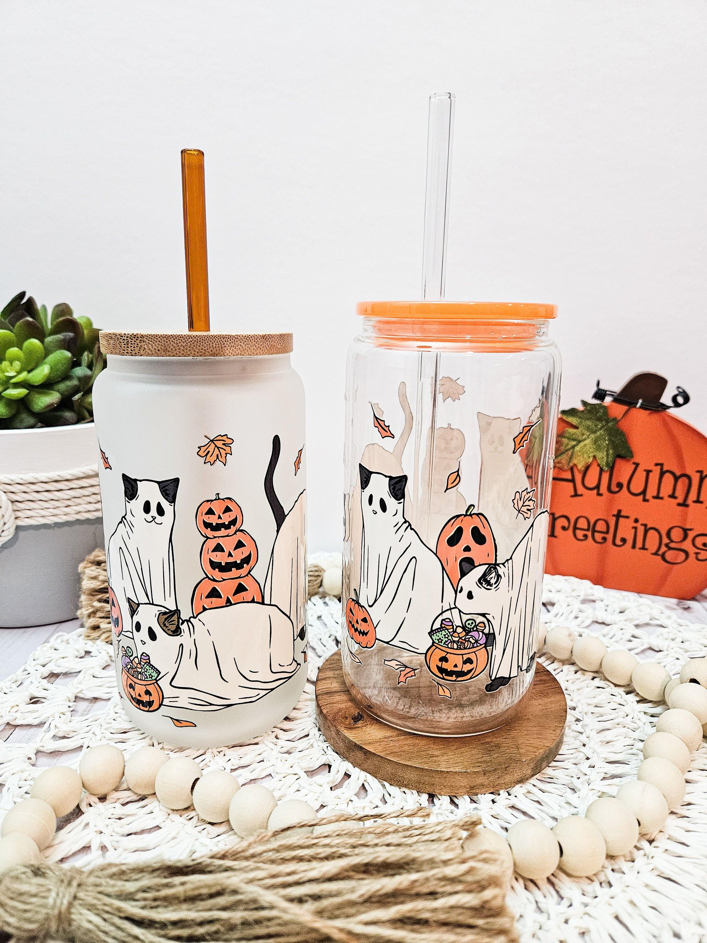 Halloween Black Cat Beer Can Glass, Cute Ghost Cat Cup, Spooky Season Coffee Mug, Fall Coffee, Gift for Cat Lover, Trendy Iced Coffee Cup