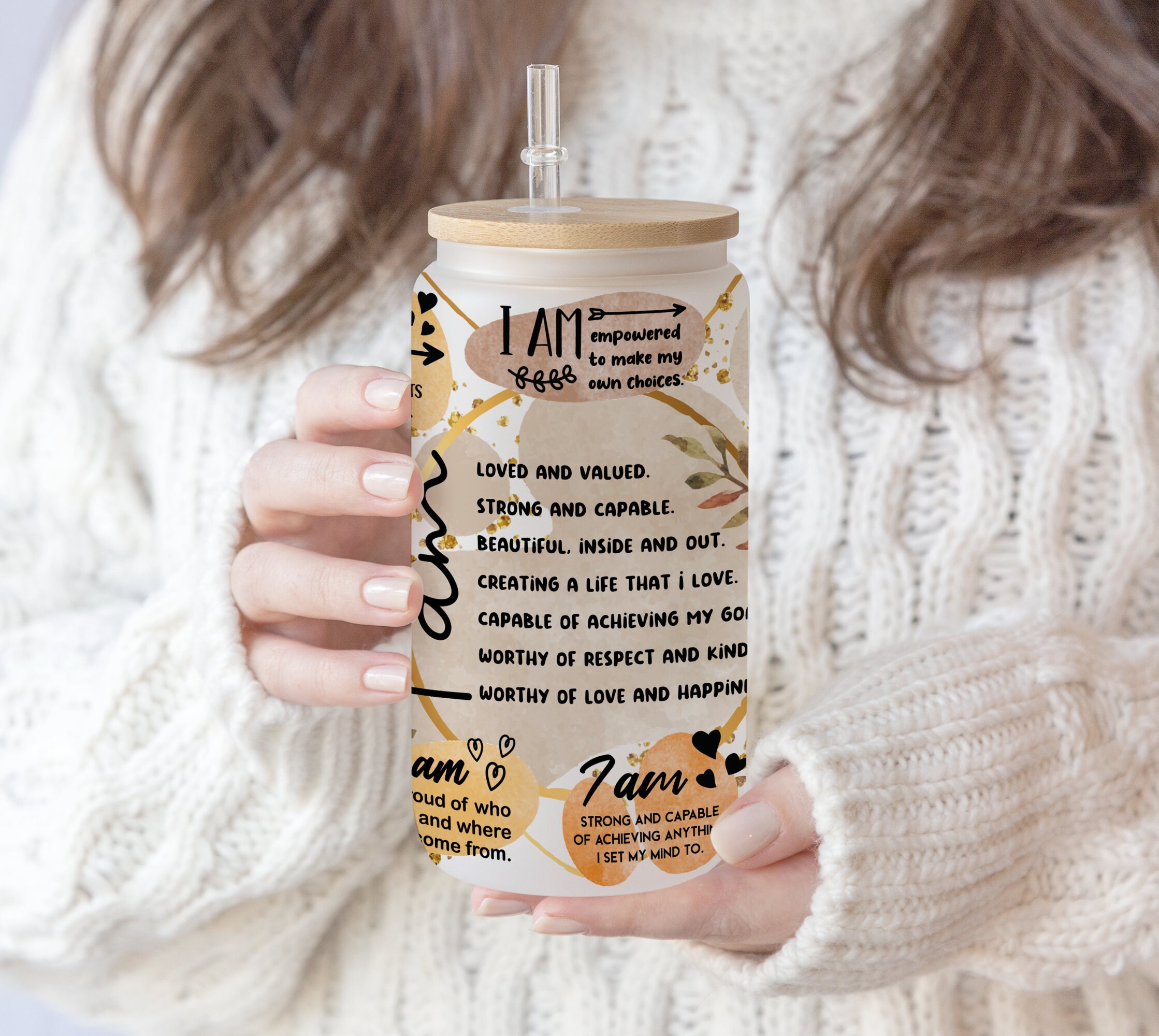 16 oz Libbey Glass Can Tumbler Sublimation Design Glitter Boho I am Positve Self Love Wrap Inspirational , Self Lover, Positive wording png