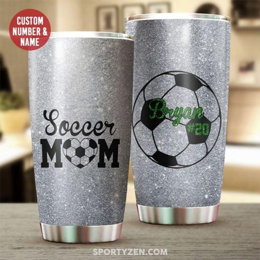 Custom Name And Number Soccer Lovers Soccer Mom Silver Stainless Steel Tumbler 20Oz