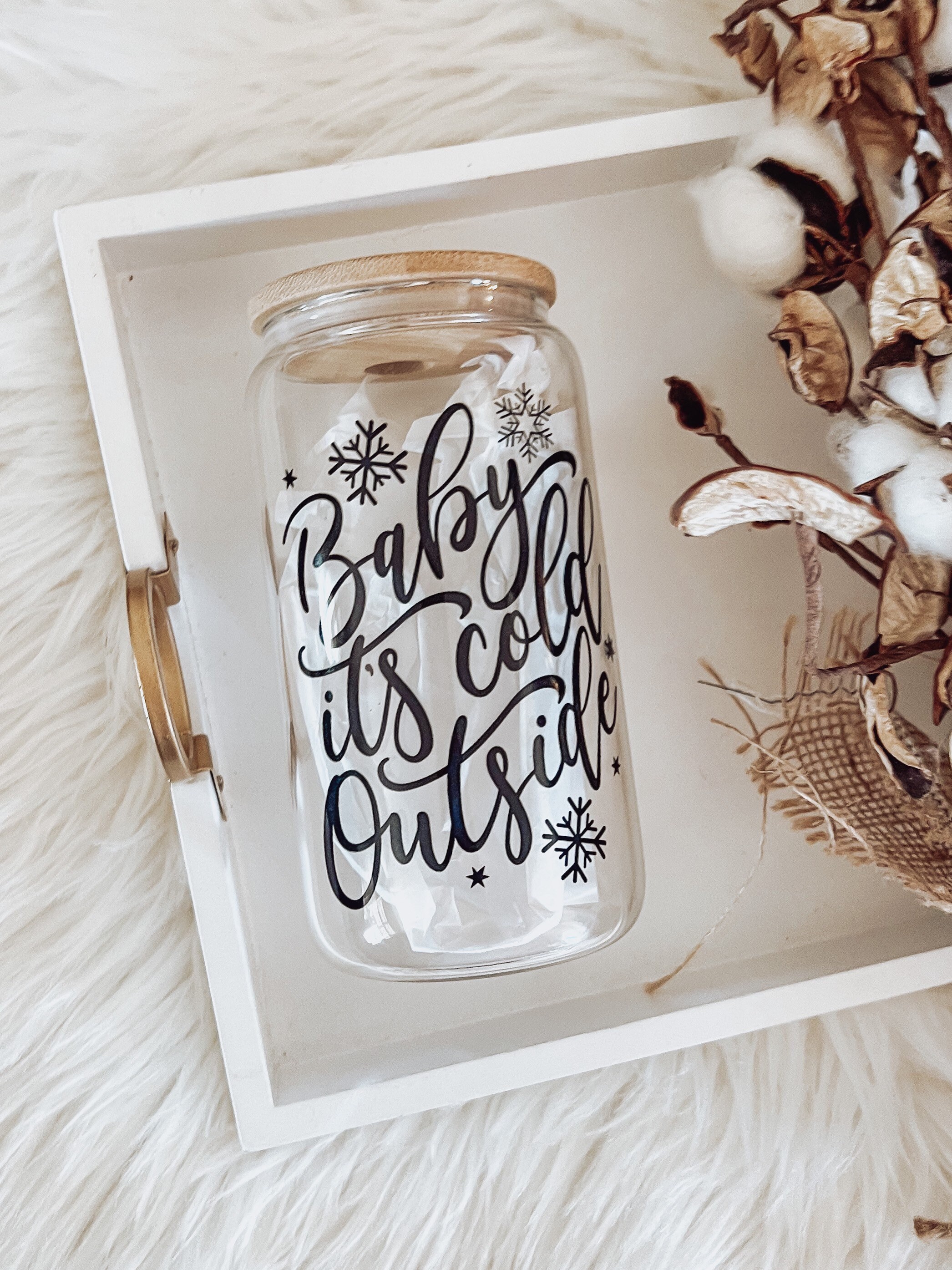 Baby its Cold Outside Glass Can Cup, Christmas Tumbler, Soda Can Glass, Iced Coffee Cup, Cold Drink Cup, Reusable Plastic Straw Bamboo Lid