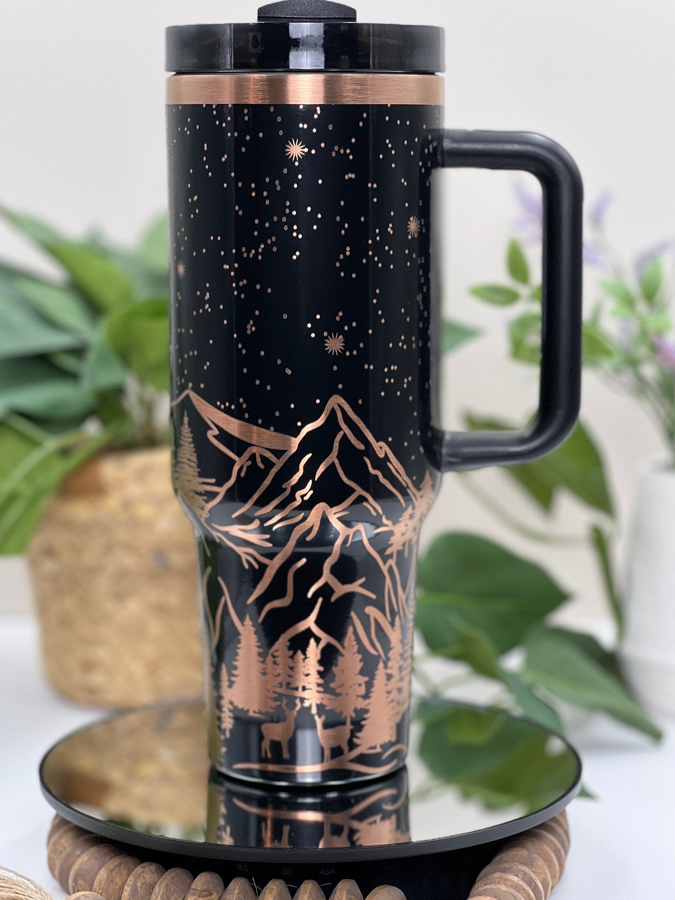 Mountains Scene Laser Engraved 40oz Tumbler with Handle Lid and Straw, Custom Engraved Tumbler, Double Wall Insulated Cup