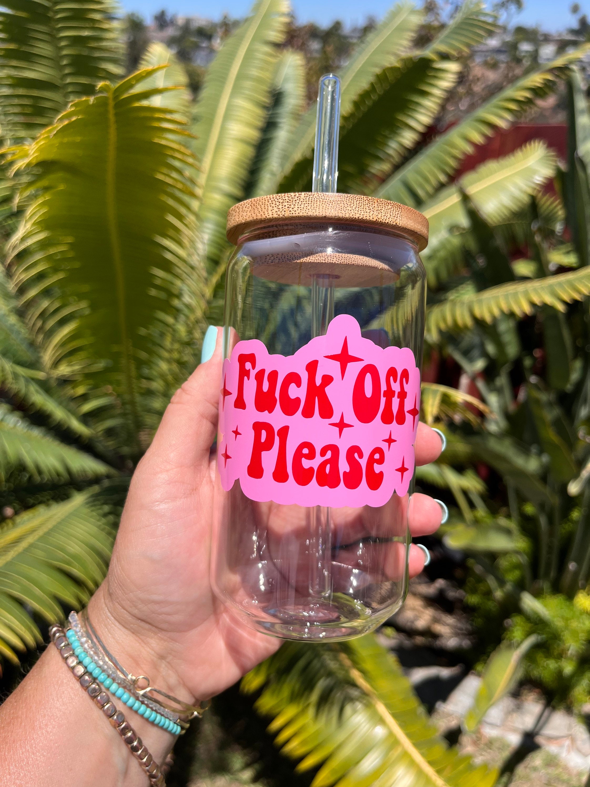 Fuck Off Please Can Glass Funny Beer Can Glass with Lid and Straw Funny Coffee Glass Iced Coffee Glass