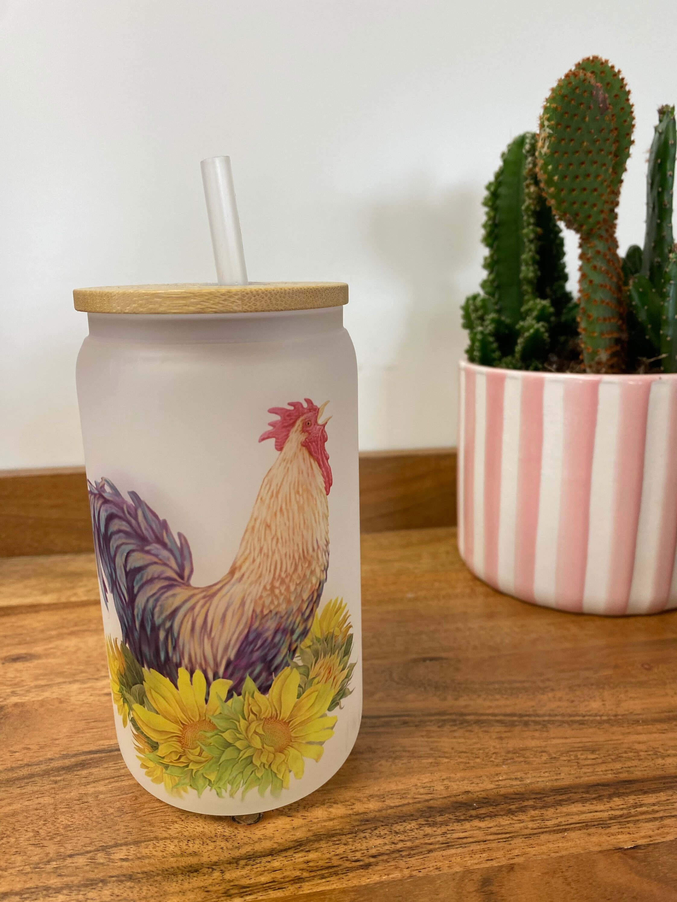 Rooster sunflowers- frosted can shaped glass with lid and straw