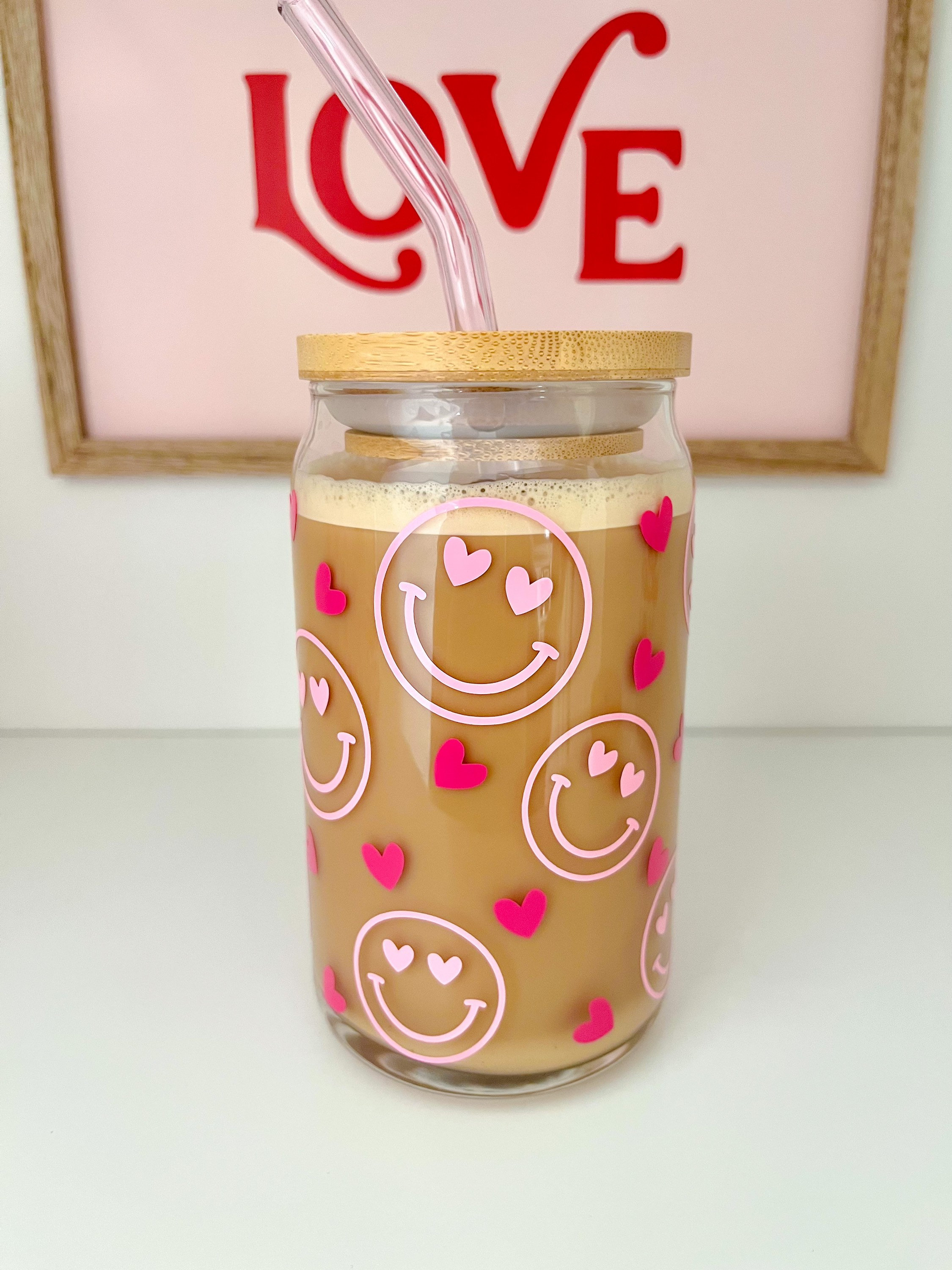 Smiley Face and Hearts Glass Cup / Valentines Glass Cup / Iced Coffee Glass / Cute Coffee Cup / Valentines Gift / Gifts for Her