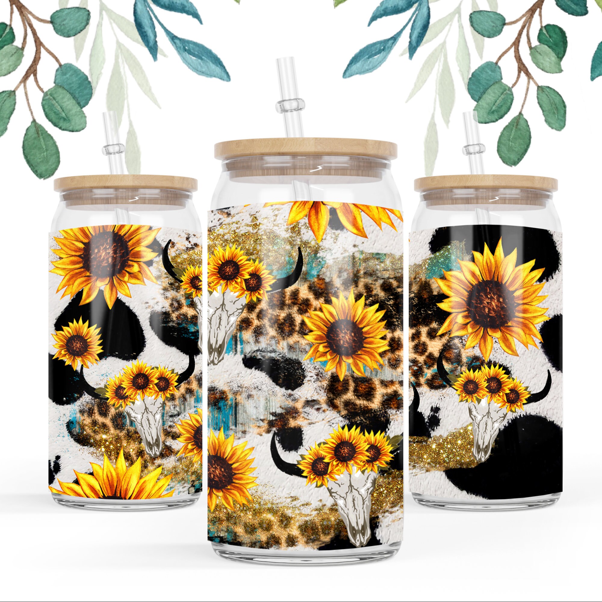 16 oz Libbey Glass Can Sunflower Leopard Vintage Wood Cow Print Sublimation png Sunflower Gift for mom, Mother’s Day,PNG Digital Download