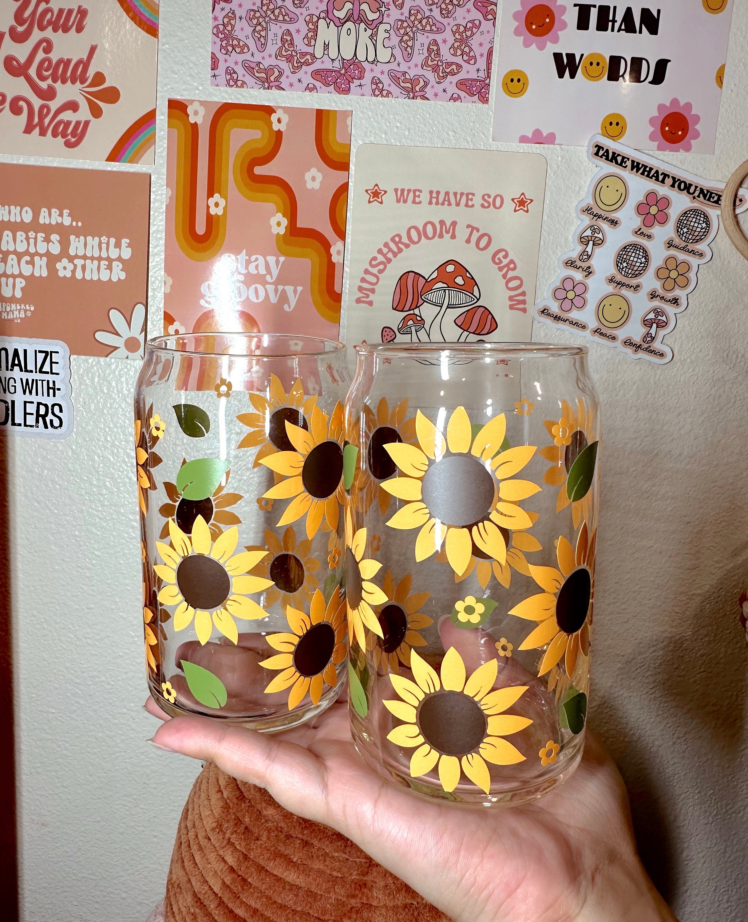 Sunflower Glass Cup, Spring Glass Cup, Floral Glass Cup