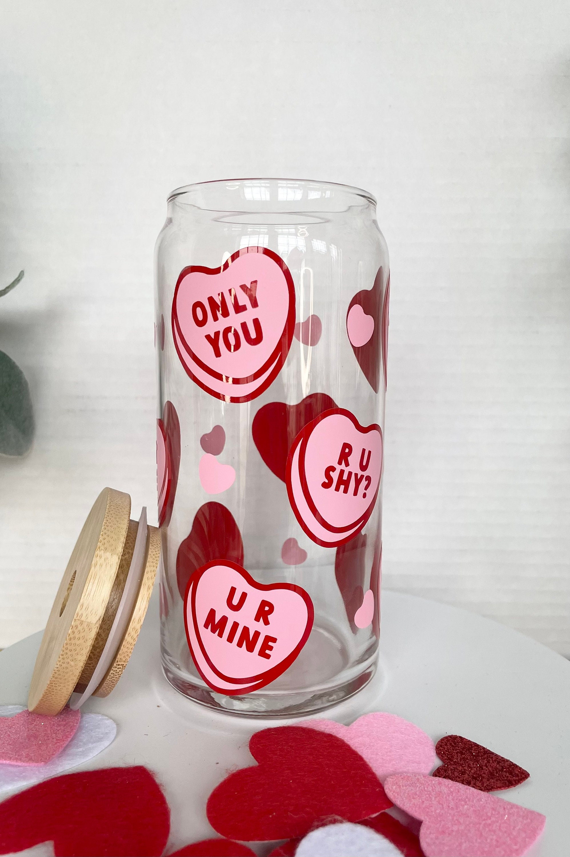 Conversation Candy Hearts Glass Cup, Cute Iced Coffee Cup, Valentine’s Cup, Valentine’s Gift Idea