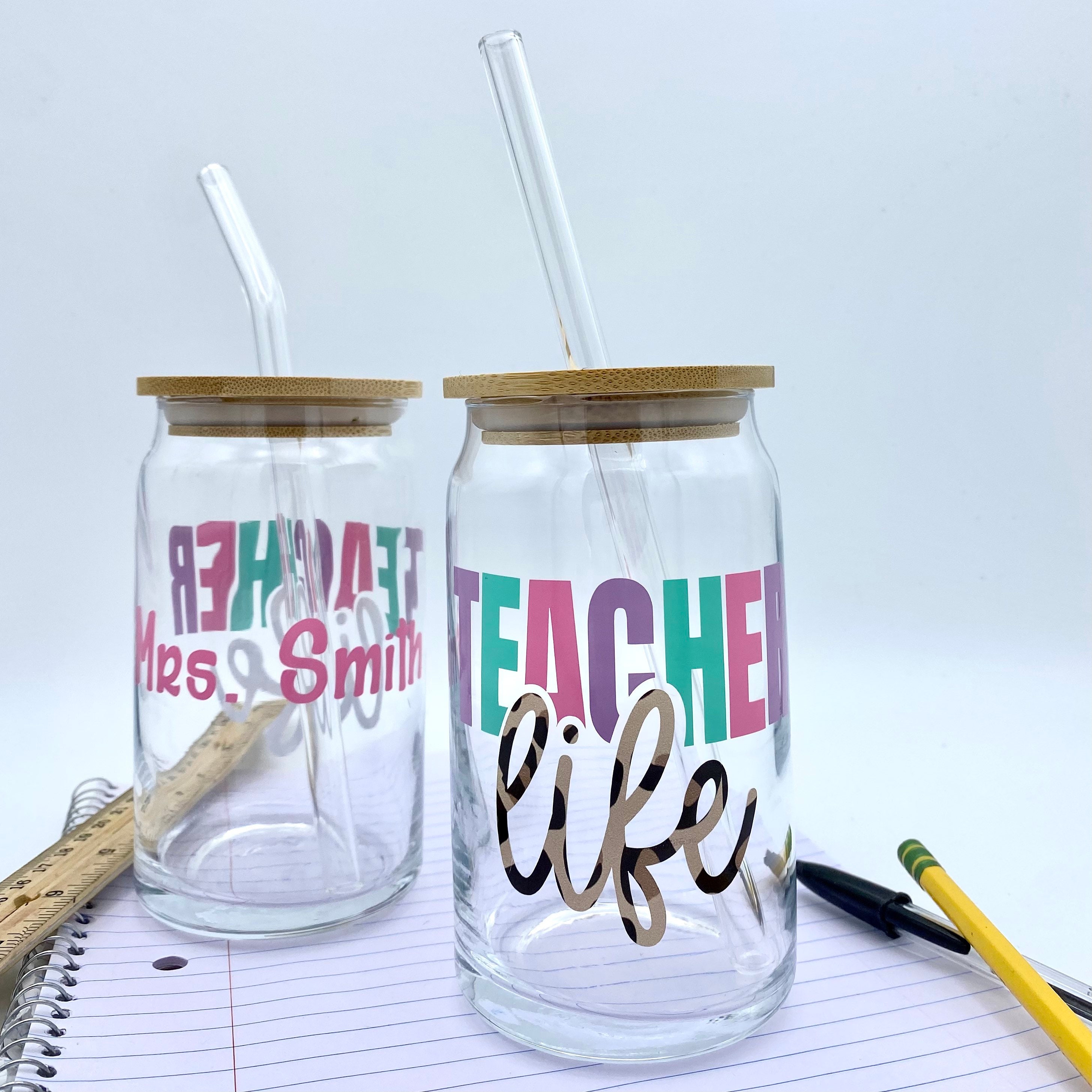 Teacher Life w/ Personalization Iced Coffee Cup 16oz Glass Soda Can Cup w/ Bamboo Top & Glass Straw Glass Libby Cup Teacher Gift