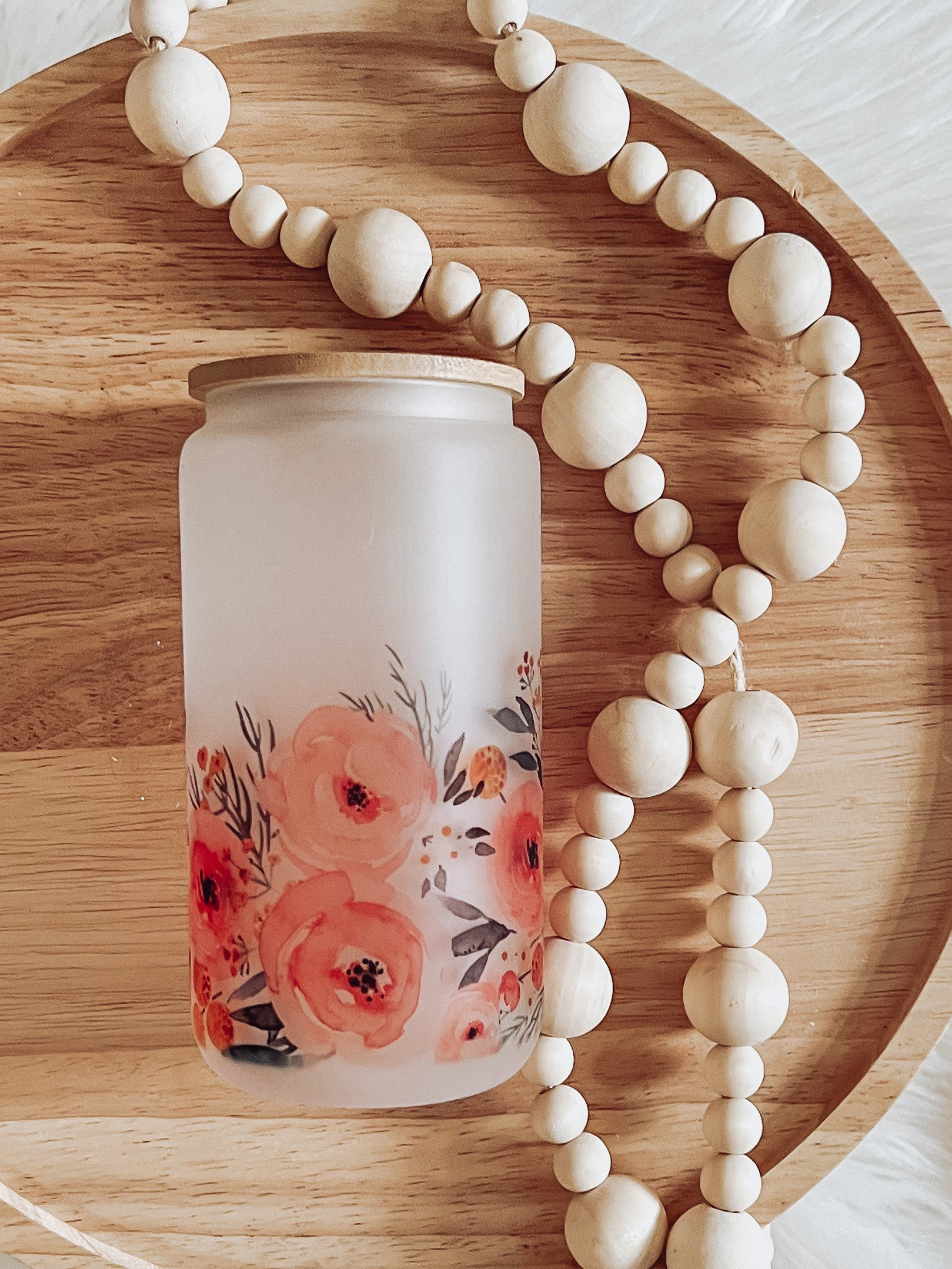 Floral Glass Can Cup, Iced Coffee Cup, Smoothie Glass, Fall Cup for Iced Coffee, Cold Drink Cup, Reusable Plastic Straw and Bamboo Lid,