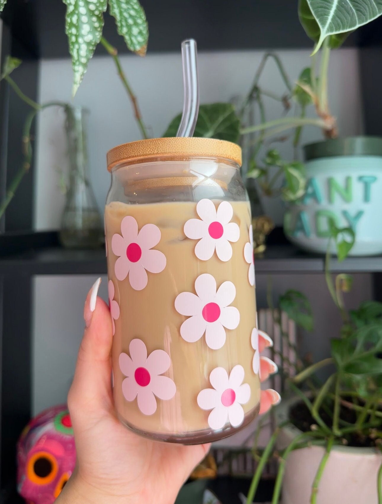 Pink Flower Cup | Groovy Flower Cup | Cute Cup for Spring | Spring Glass Cup | Iced Coffee Glass | Glass Can | Cute Cup | Trendy Cup