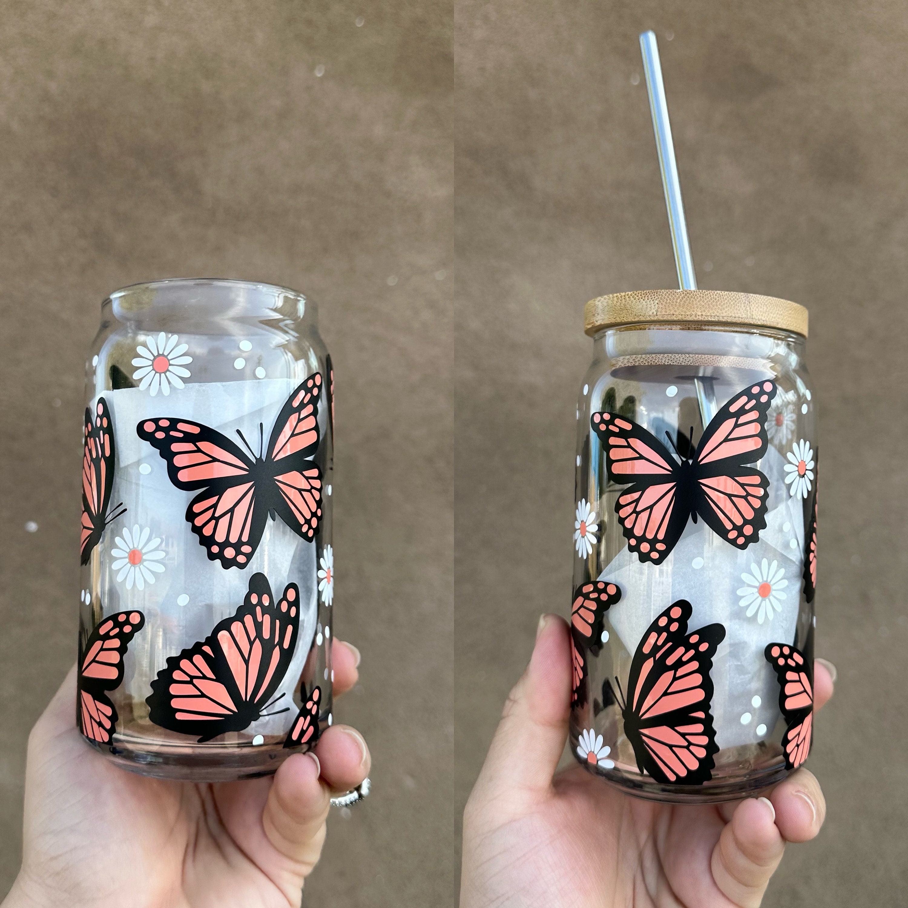 Butterflies Beer Glass Can, butterflies  Cups, flower cups, animal cups, beer glass can, butterflies and daisies, Daisy cups, iced coffee