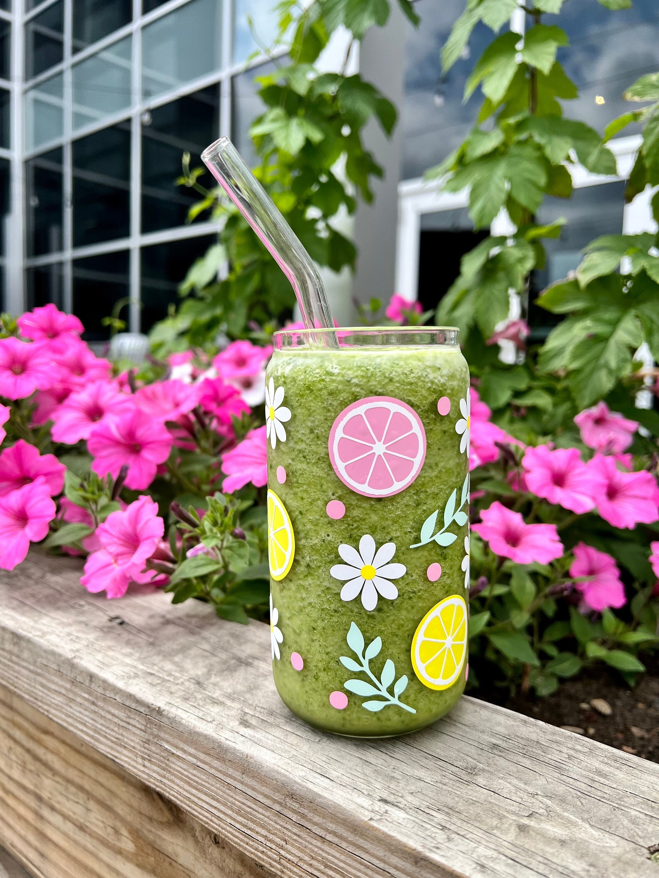 Floral Glass Cup | Pink Lemon Beer Can Glass| Retro Daisy Cup | Lemon Glass Cup | Iced Coffee Cup| Beer Can Glass |