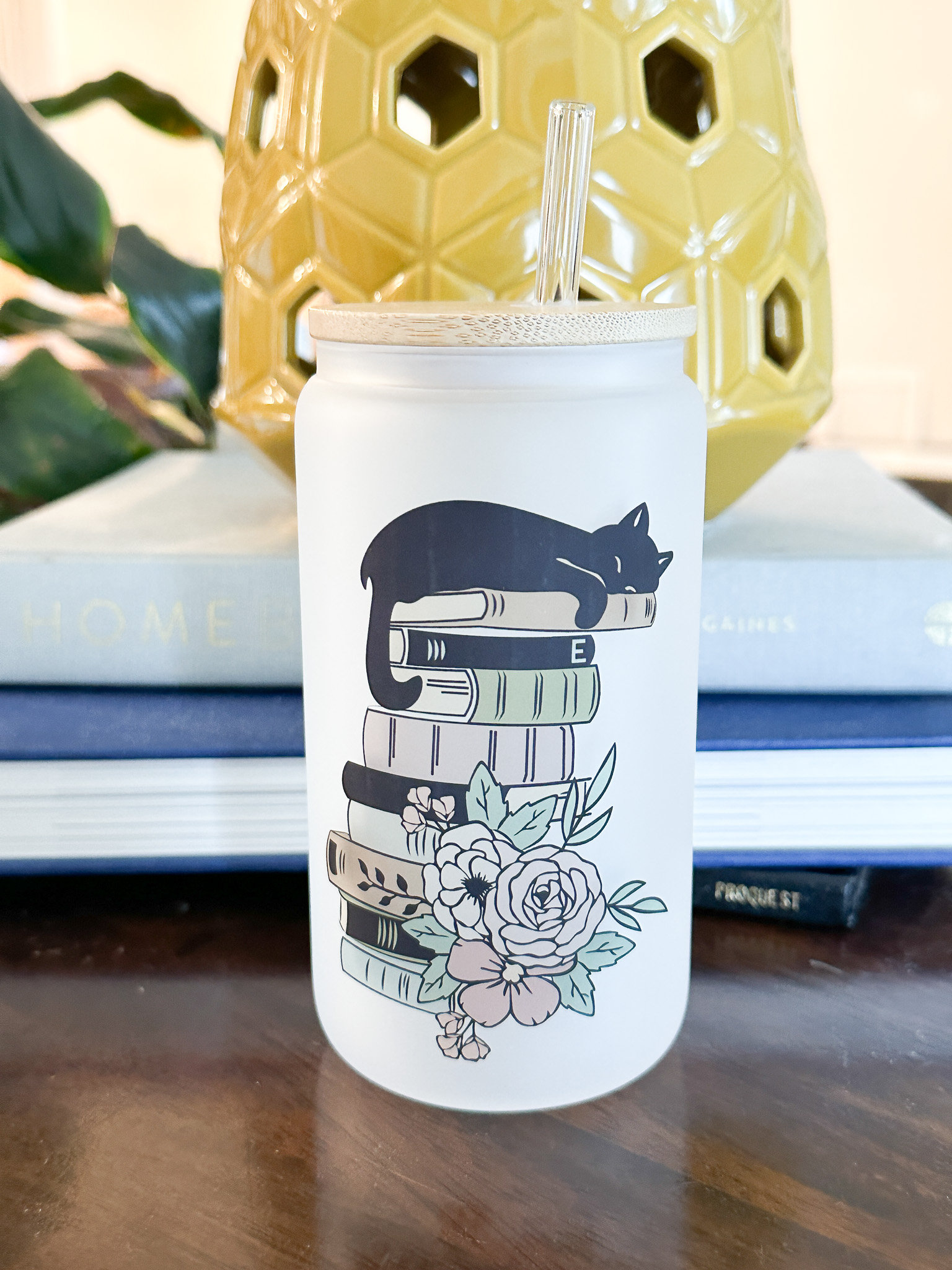 Cat and Books Can Glass, Iced Coffee, Cat Lover Coffee Glass, Soda Can Glass, Beer Can Glass, Boho Can Glass Gifts, 16 oz Frosted Glass