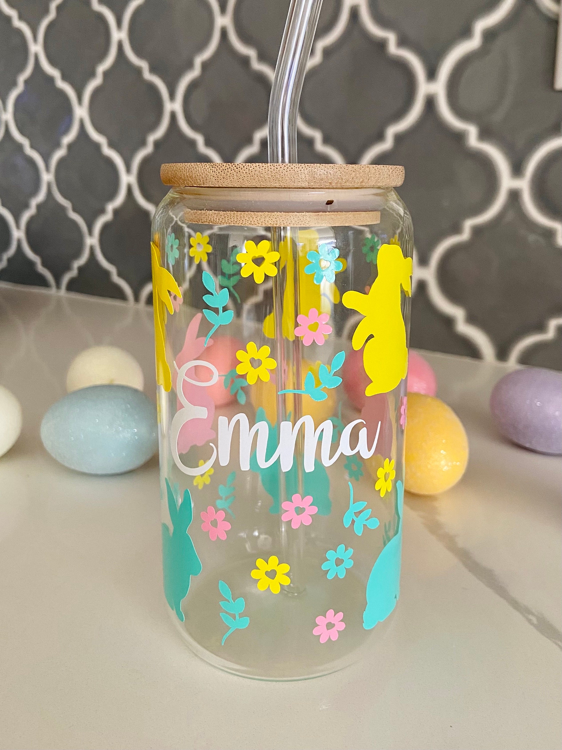 Easter bunny glass cup | 16oz libbey glass cup | personalized easter cup | bunny cup | Easter gifts | easter basket stuffer |iced coffee cup