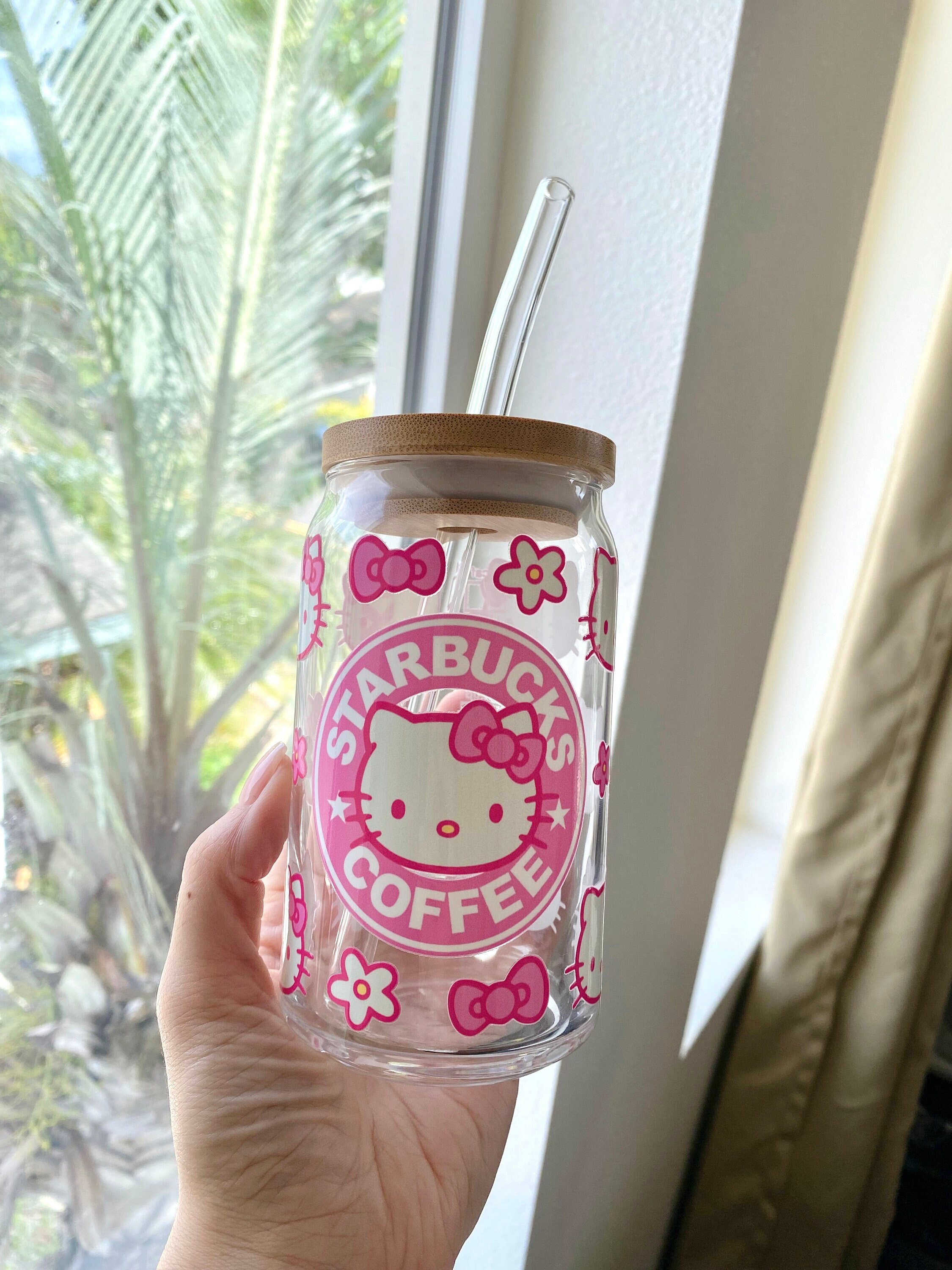 Kawaii Kitty Iced Coffee Glass, Pink Kitty Beer Can Glass, Pink Starbies Coffee Cup, Gift For Her, Kawaii Glass Cup, Pink Kitty Flowers