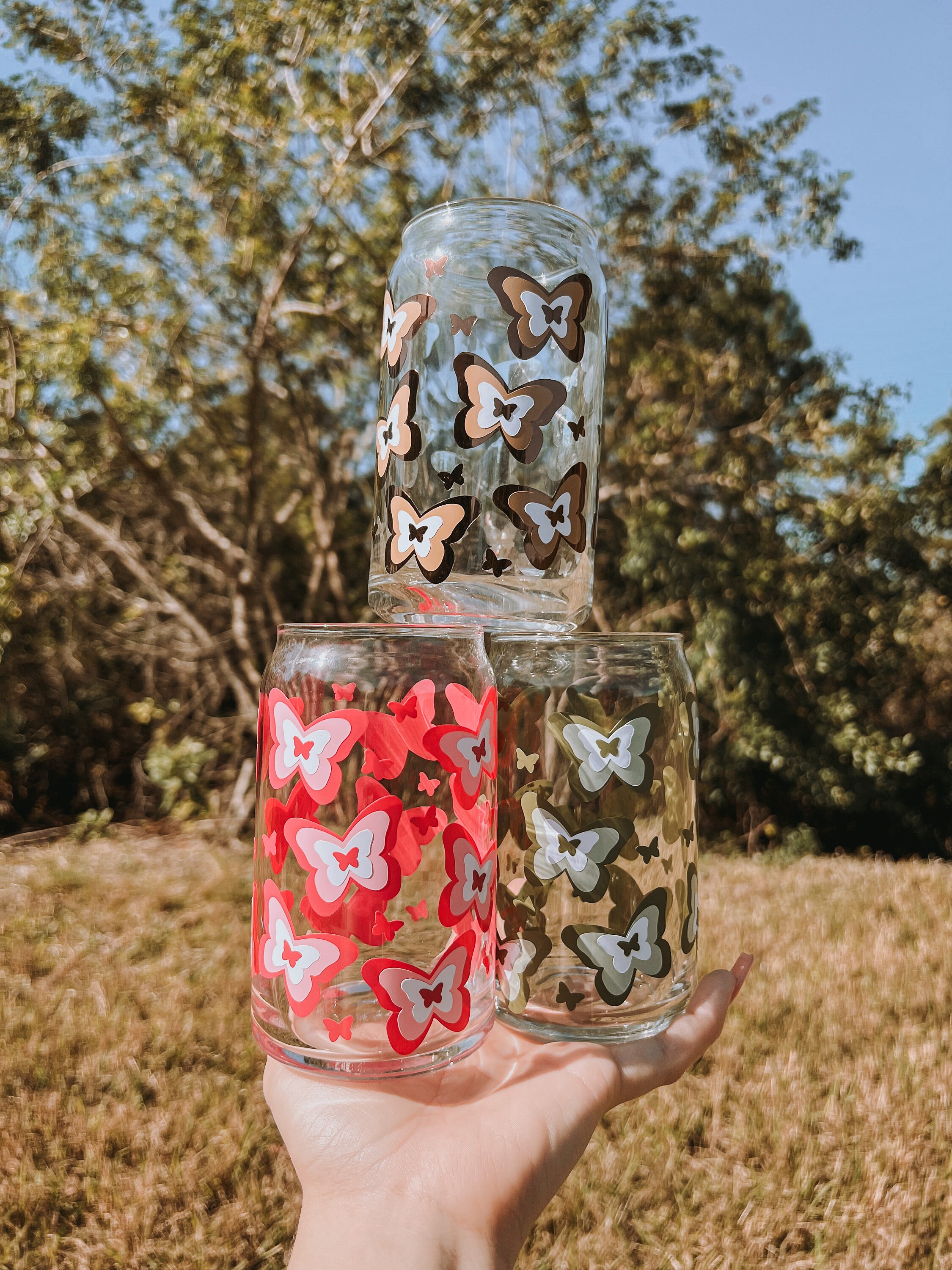 Retro butterfly beer can glass | can glass cup | butterflies | coffee lovers | iced coffee cup | groovy