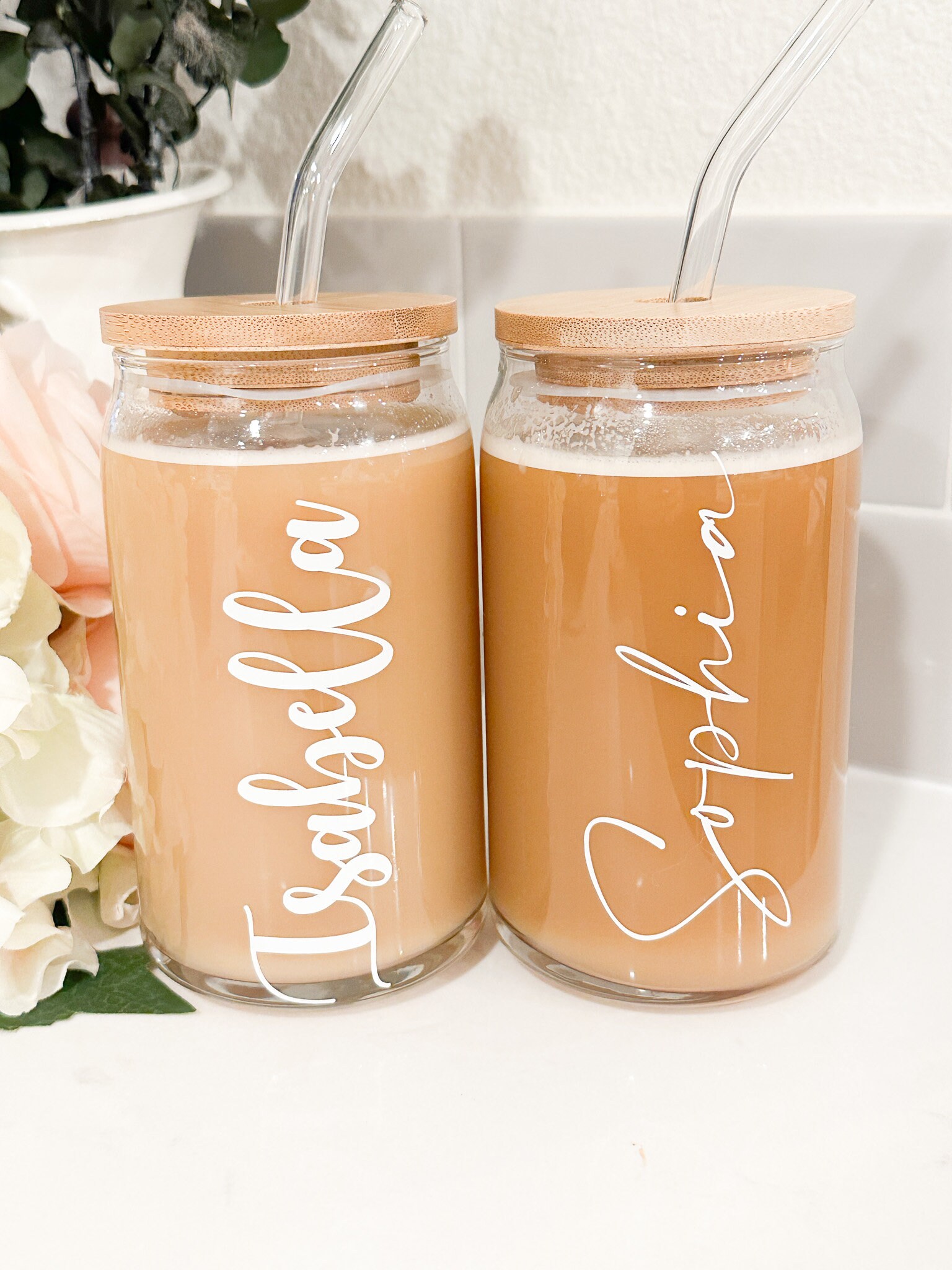 Bridal Party Coffee Can Glass w/ Bamboo Lid & Straw, Bridesmaid Gift, Ice Coffee Drink, Personalized Gift, 16 oz Glass Tumbler, Bride Tribe