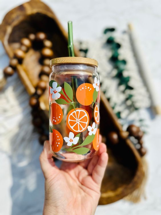 Floral Orange Beer Can Glass, Beer Can Glass, Beer Glass, Engraved Bamboo Lid, Libby Glass, Boho Art, Coffee Glass, Iced Coffee Glass