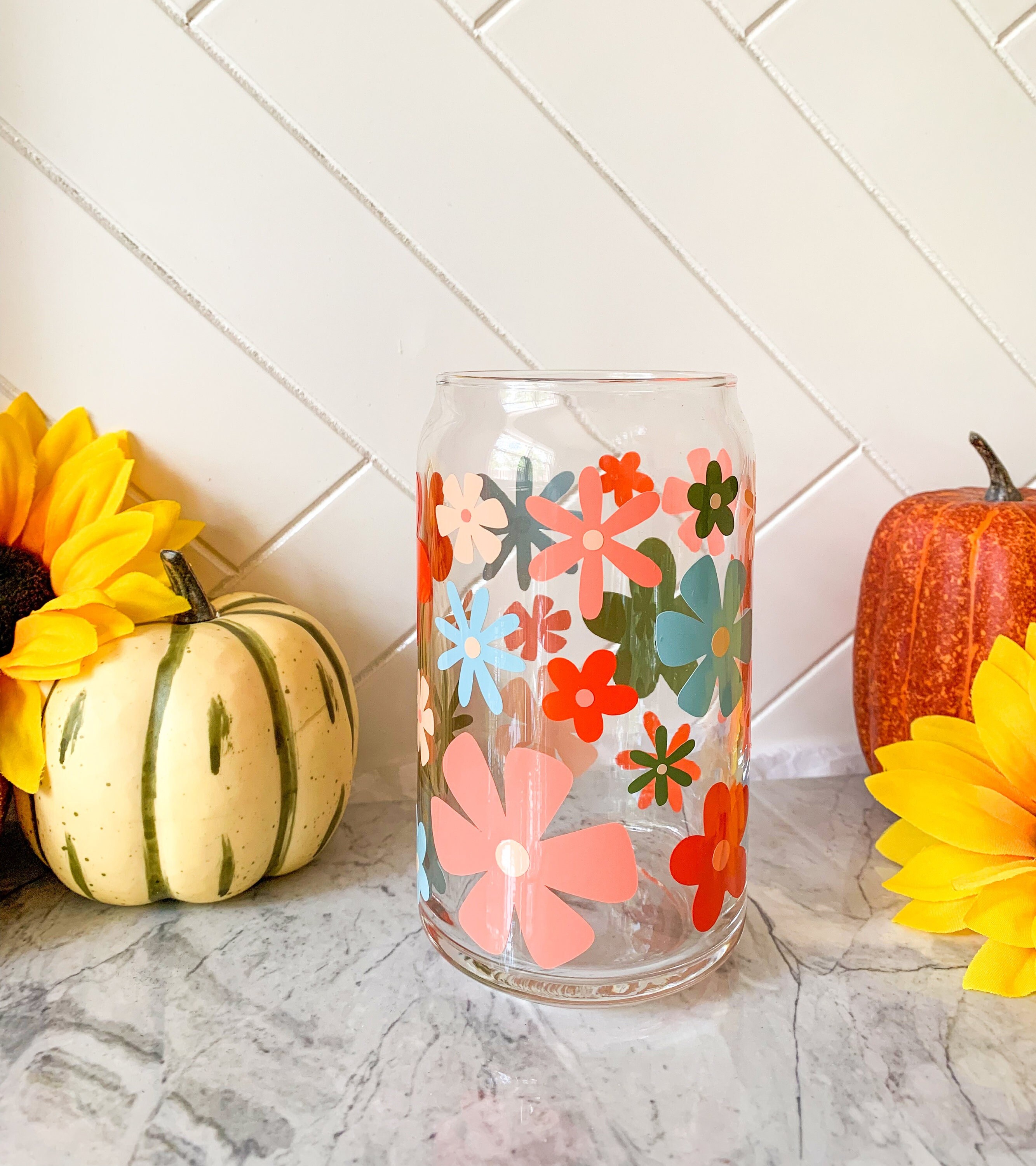 Retro Fall Floral Glass Cup | Fall Can Glass | Fall Coffee Cup | Fall Iced Coffee Glass | Autumn Coffee Cup | Cute Fall Coffee Cup