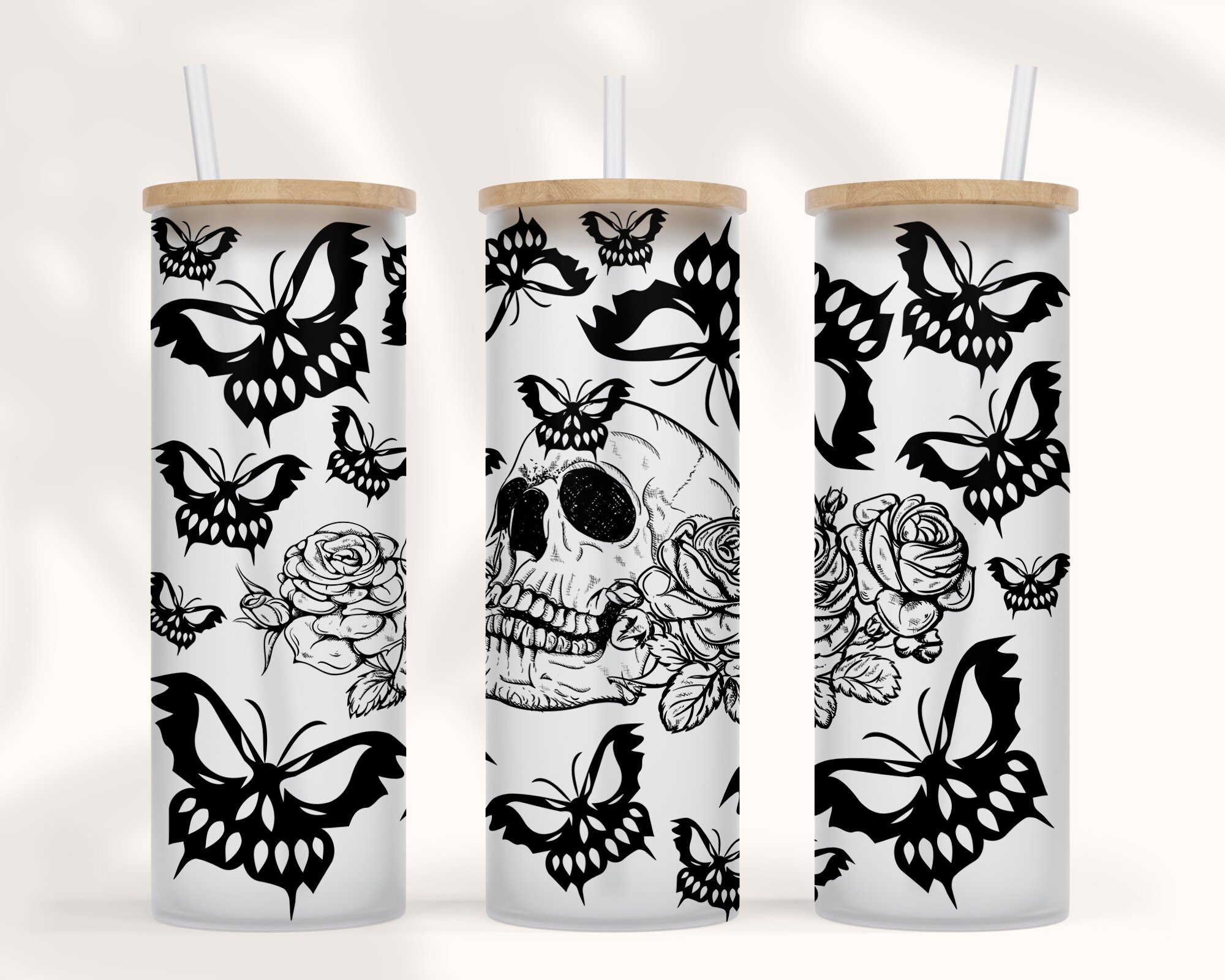 20 25 oz Skinny Tumbler Sublimetion Libbey Glass Can Skull Butterfly Moth Creepy Spooky Horror Skeleton Face Flower,Hallween Butterflies png