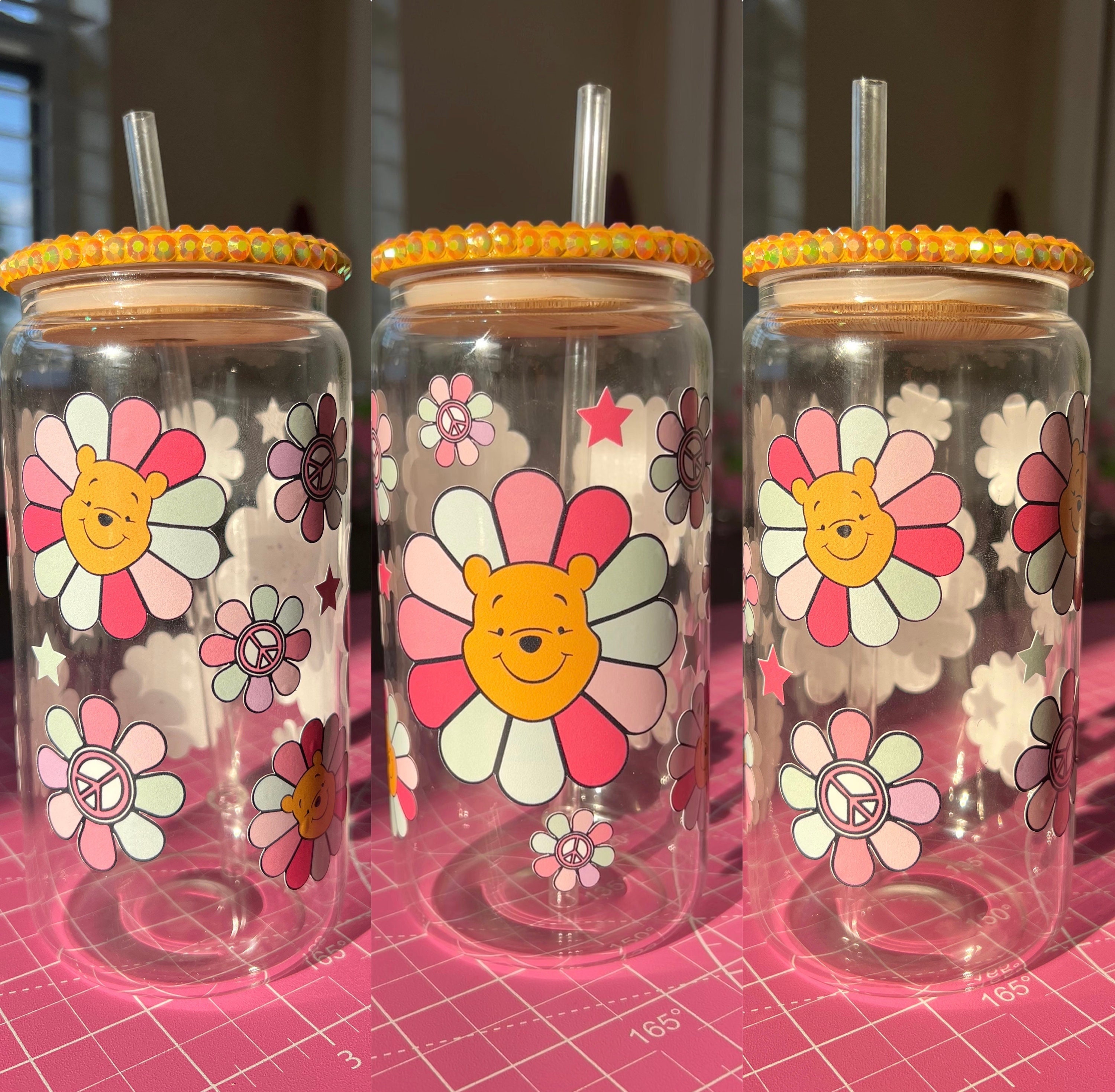 Cute Retro Flower Winnie the Pooh 16 Fl Oz Clear Beer Can Glass Can Cup, Cute Tumblers, Cute Custom Gifts Idea, Disney Gifts