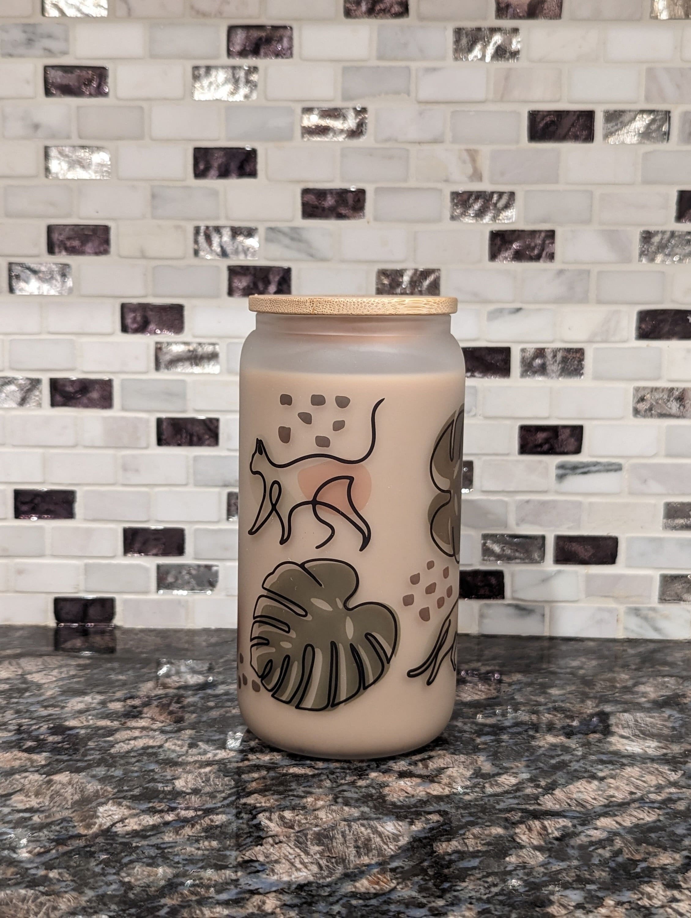 Frosted Glass Can | Iced Coffee Cup | Black Cat | Monstera Mug