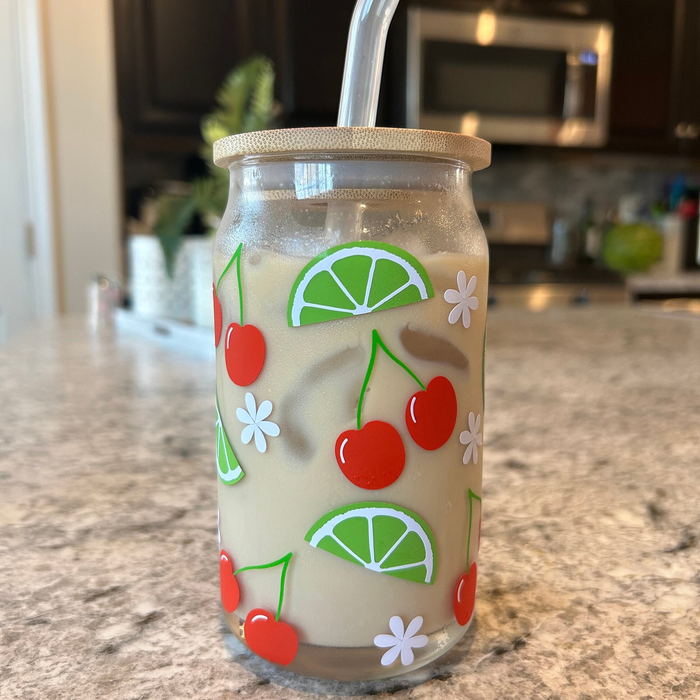 Cherry Cup | Iced Coffee Glass with Straw | Glass Can | Fruit Cup | Cherry Tumbler with Straw | Libbey Cup Fruit | Cherry Fruit Glass