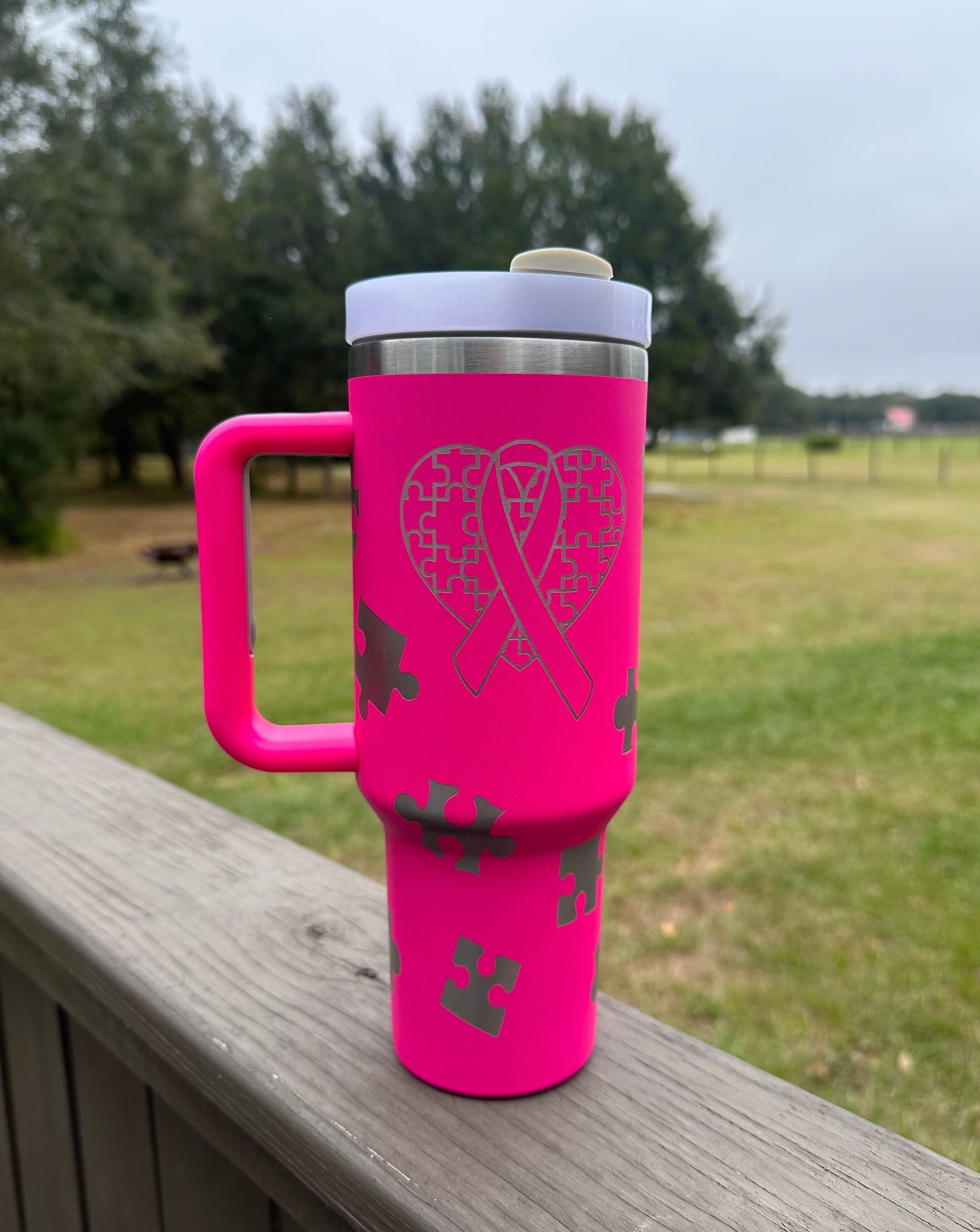 Autism Awareness 40 oz Stainless Steel Insulated Tumbler with Handle, Laser Engraved tumbler Pink