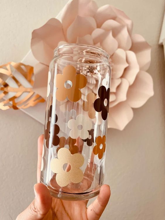 Boho Flowers Can Glass, Retro Flower Can Glass, Aesthetic Coffee Glass, 20 Oz Coffee Glass, Iced Coffee Glass, Boho Coffee Glass