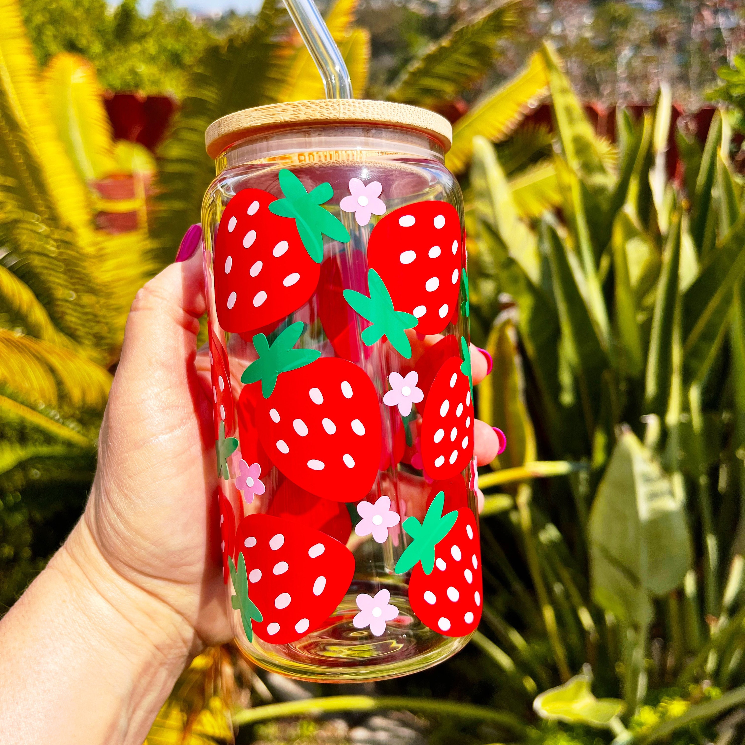 Strawberry Beer Can Glass, Strawberry Can Glass with Lid and Straw, Strawberry Gift, Iced Coffee Cup, Home Decor, Gift For Her, Mother’s Day