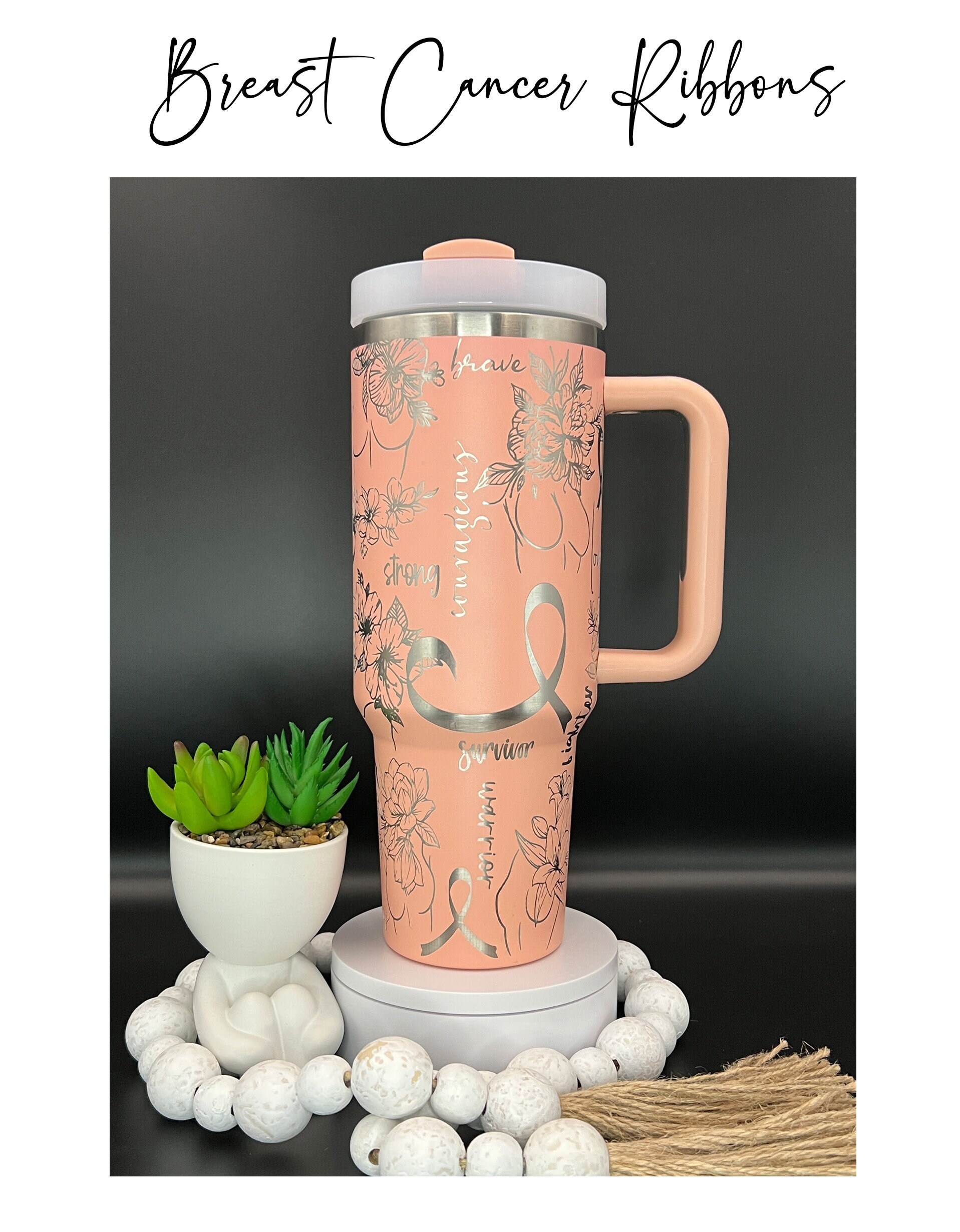 Breast Cancer Affirmations Laser Engraved 40oz Blush Seamless Non-Branded Tumbler with Handle Lid and Straw, Double Wall Insulated Cup