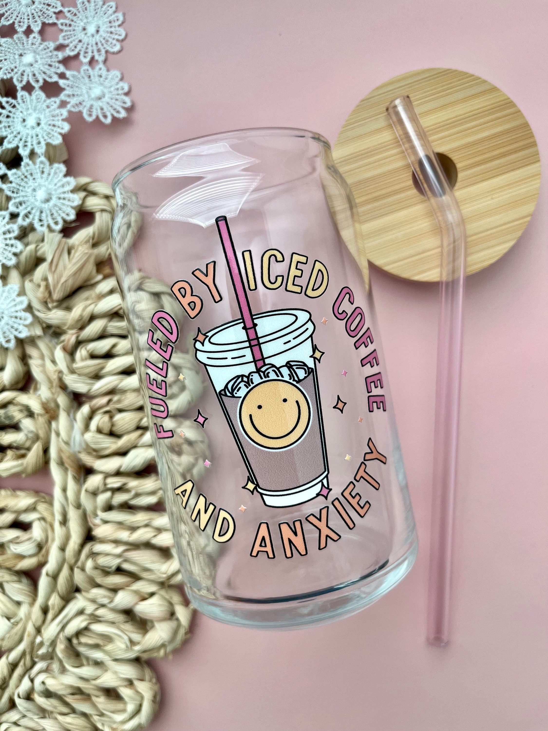 Fueled by Iced Coffee and Anxiety Glass Cup / Gifts for Her / Cute Coffee Cup / Retro Cup