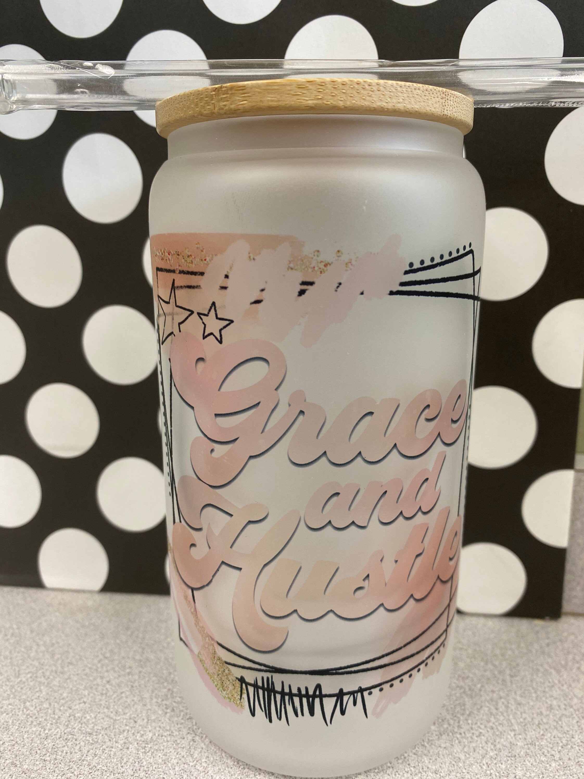 Grace and hustle- frosted can shaped glass with lid and straw