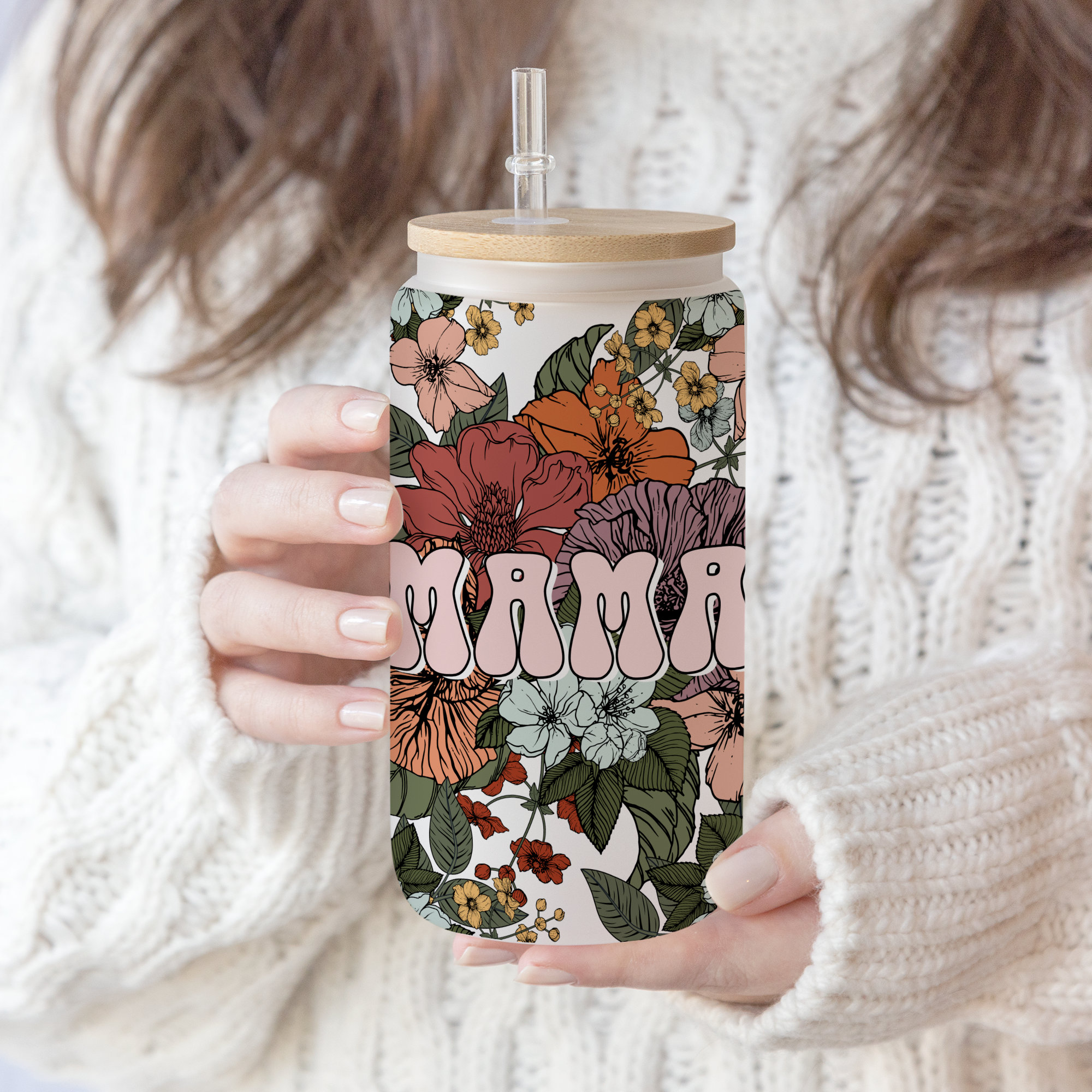 16 oz Libbey Glass Can Tumbler Boho Mama Flower , Mum life floral Sublimation Design Love Mom Tumbler Wrap, Waterslide glass Pen wrap PNG