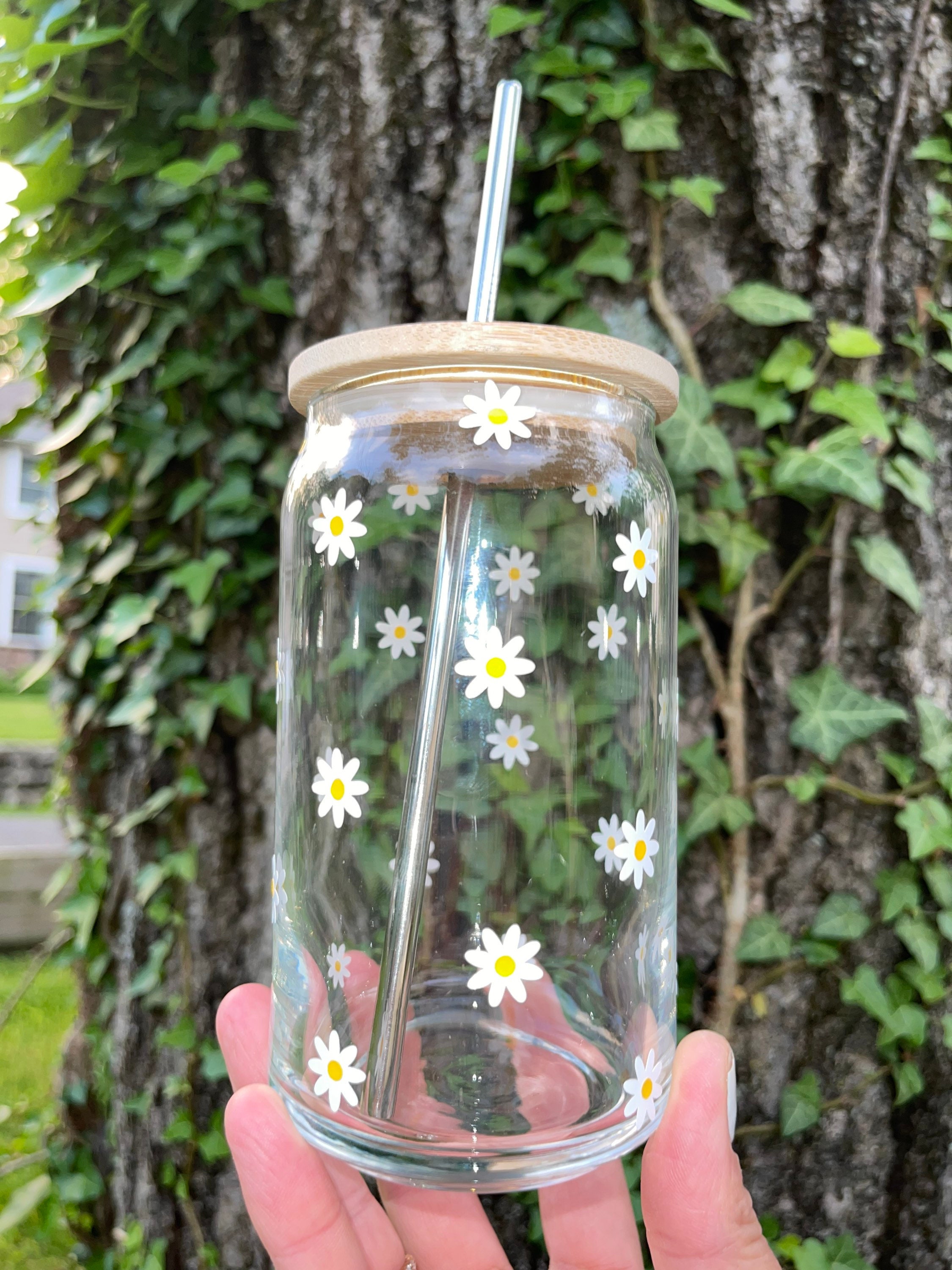 Daisies Coffee Beer Can Glass, Floral Coffee Can Glass, Minimalistic Iced Coffee Cup