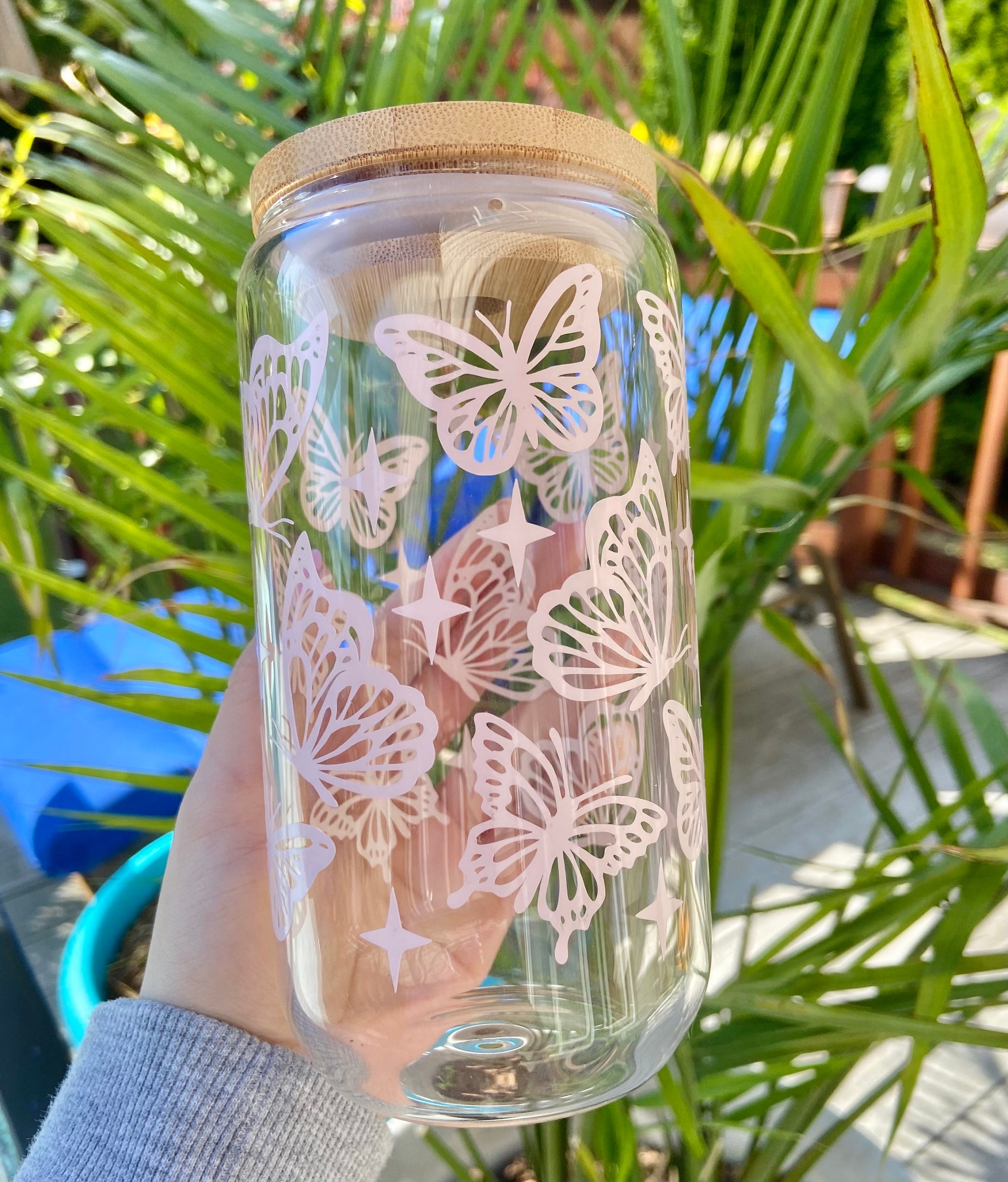 Butterfly Libbey glass cup | 16 oz libbey glass | glass cup | iced coffee cup | glass cup with bamboo lid and straw | gifts for her |