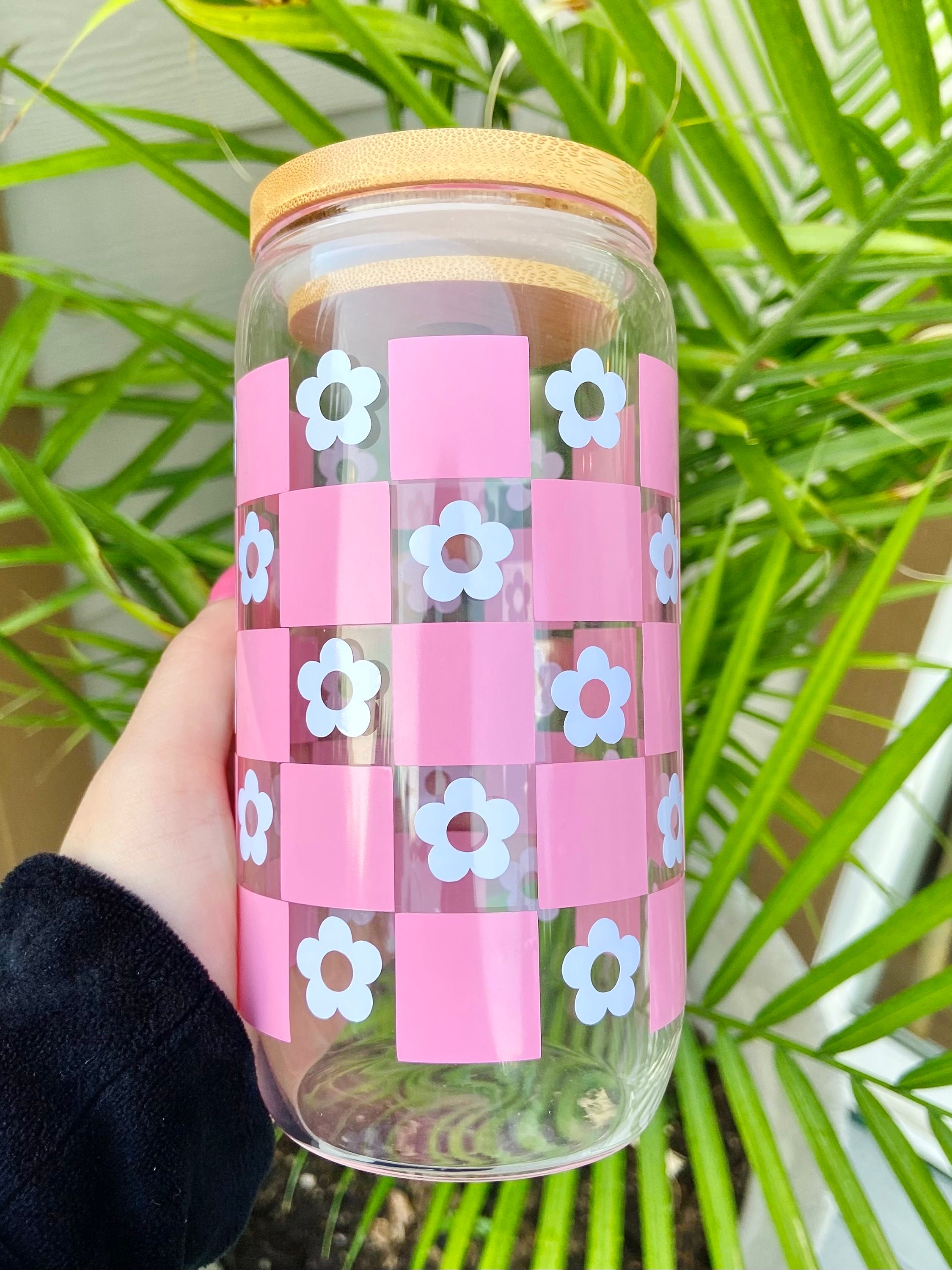 Pink checkered flower glass cup | 16 oz libbey glass cup | iced coffee cup | checkered cup | glass can cup | pink cups | gifts for her