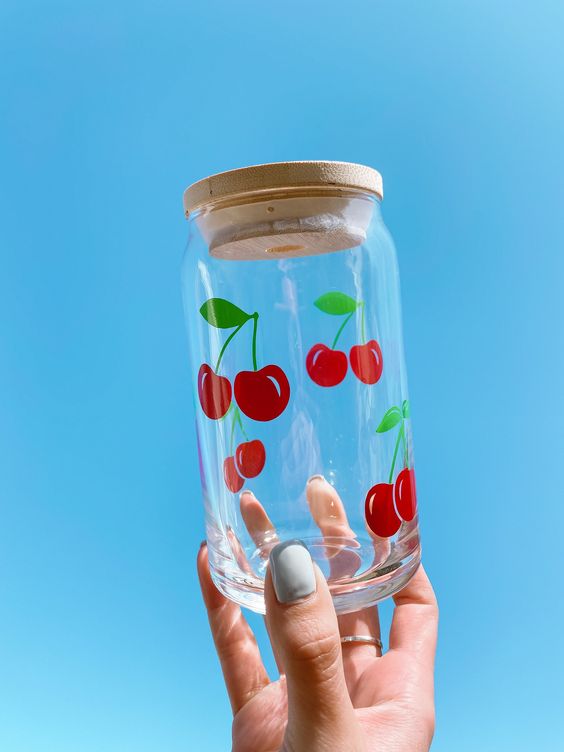 Retro Cherries Glass Cup, Iced Coffee Glass Cup, Trendy Glass Tumbler