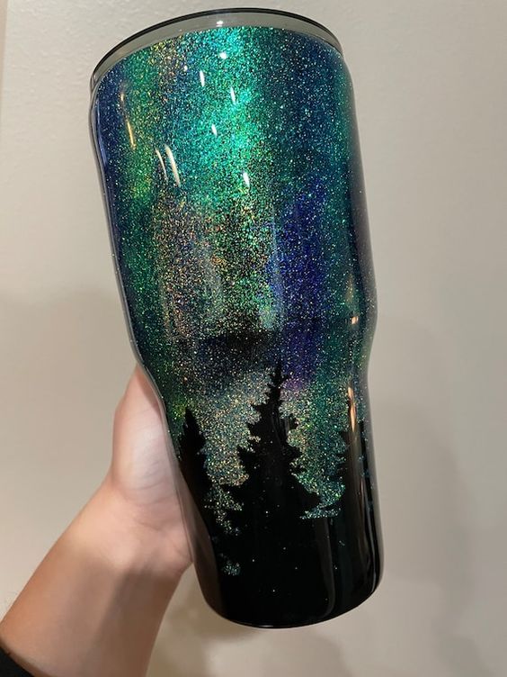 Northern Lights Glitter Tumbler, Personalized Black Travel Tumbler