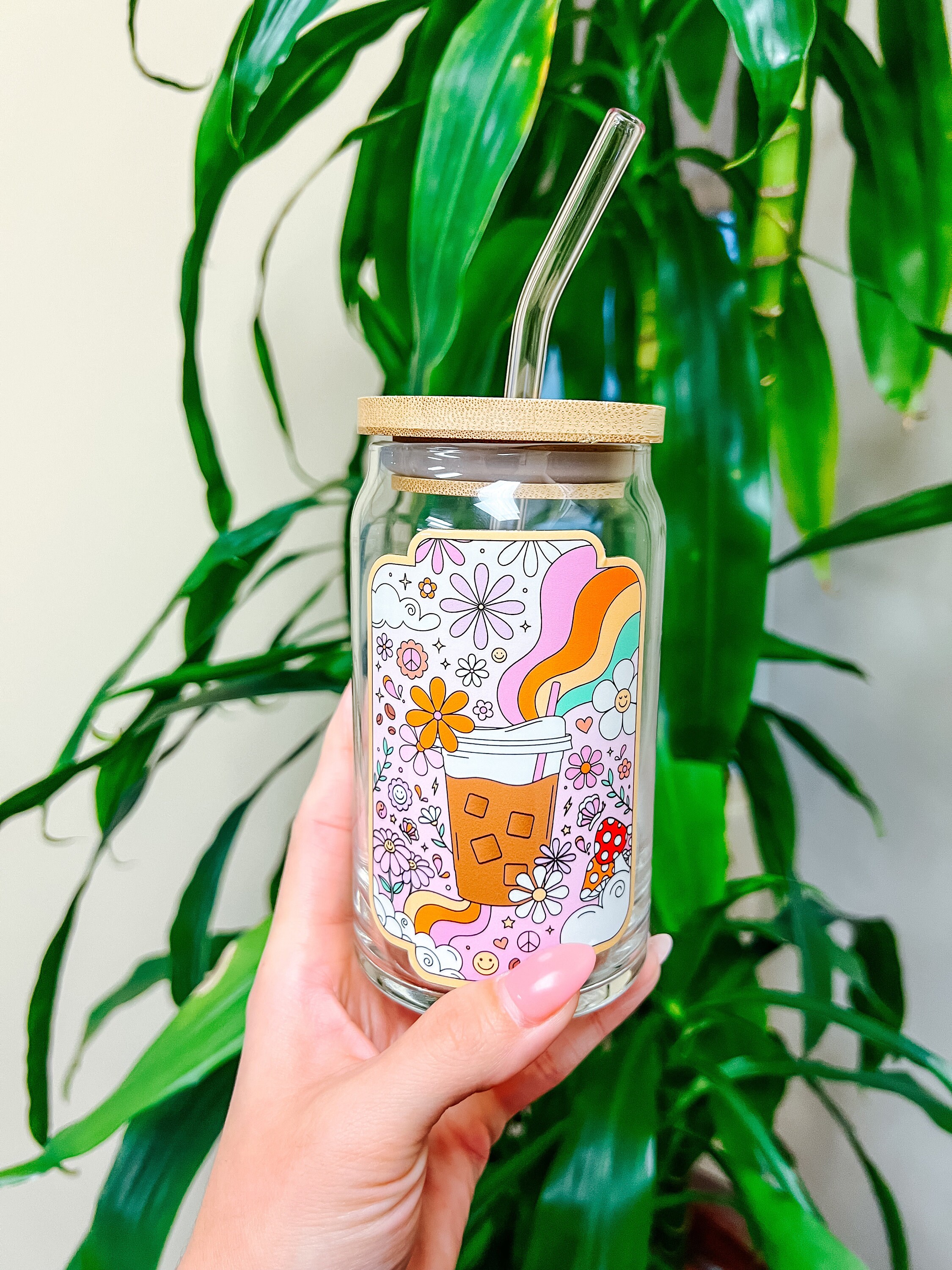 Retro Coffee Doodles Beer Can | Groovy Iced Coffee Glass | Aesthetic Glass Cup