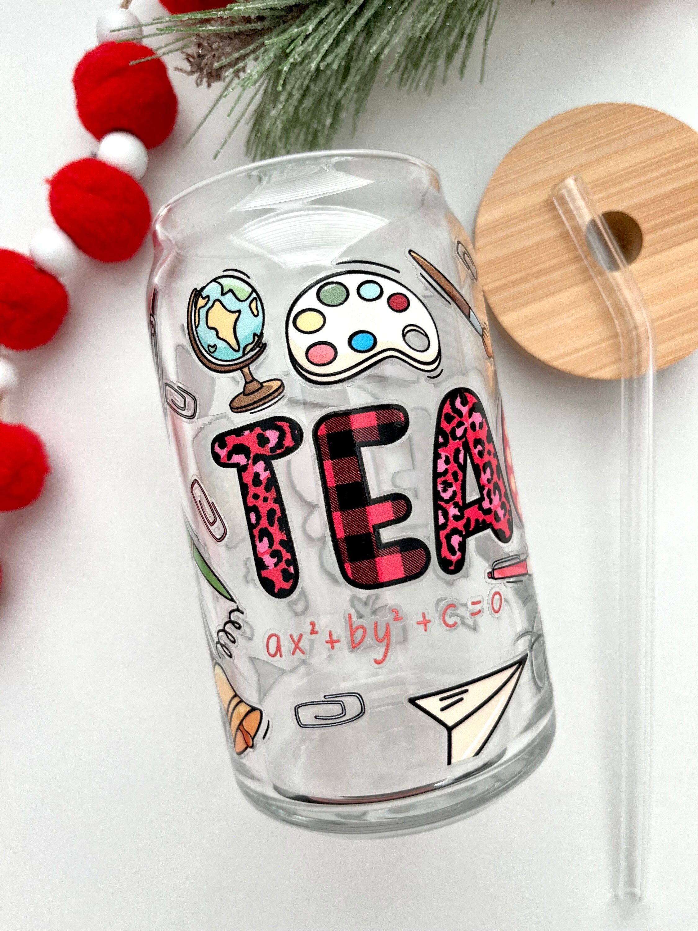 Teacher Theme Glass Cup / Teacher Appreciation Week Gifts / Iced Coffee Glass / Teacher Tumbler / Christmas Gift / Teacher Gifts