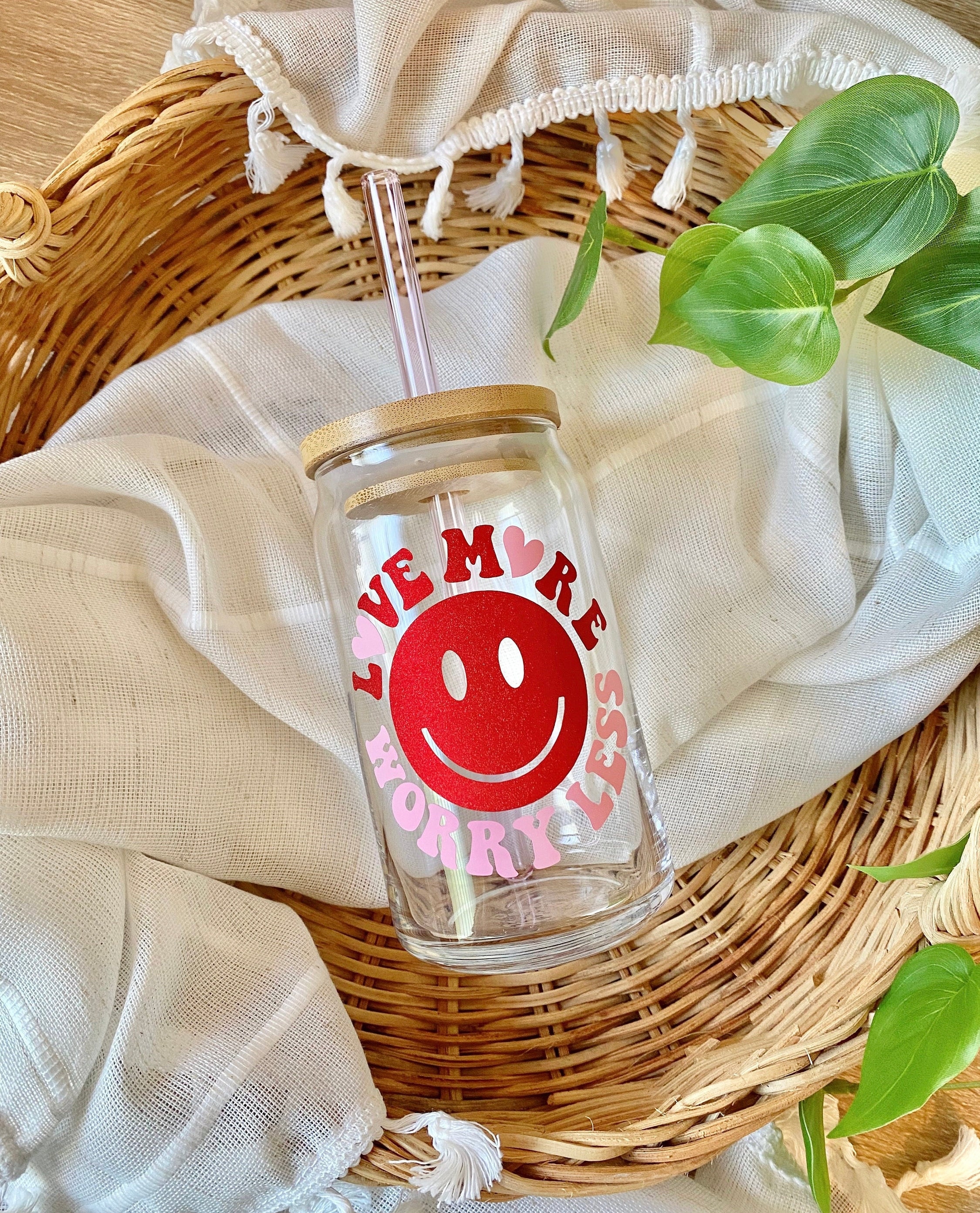 Love More Worry Less Beer Can Glass, Retro Smiley Face Iced Coffee Glass, Groovy Glass Cup, Valentines Glass, Galentines Gift, Gift For Her