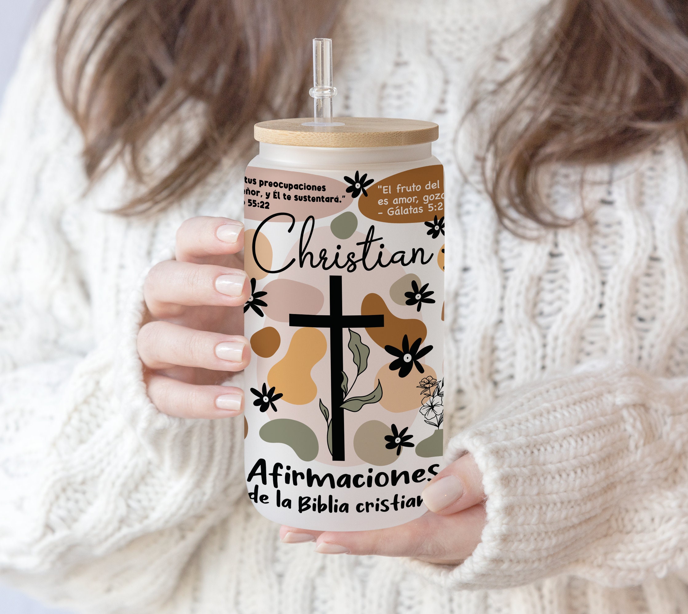 16 oz Spanish Libbey Glass Can Sublimation Frosted glass Biblical Affirmations Christian Hippie Boho Flower Wrap Inspirational Tumbler png