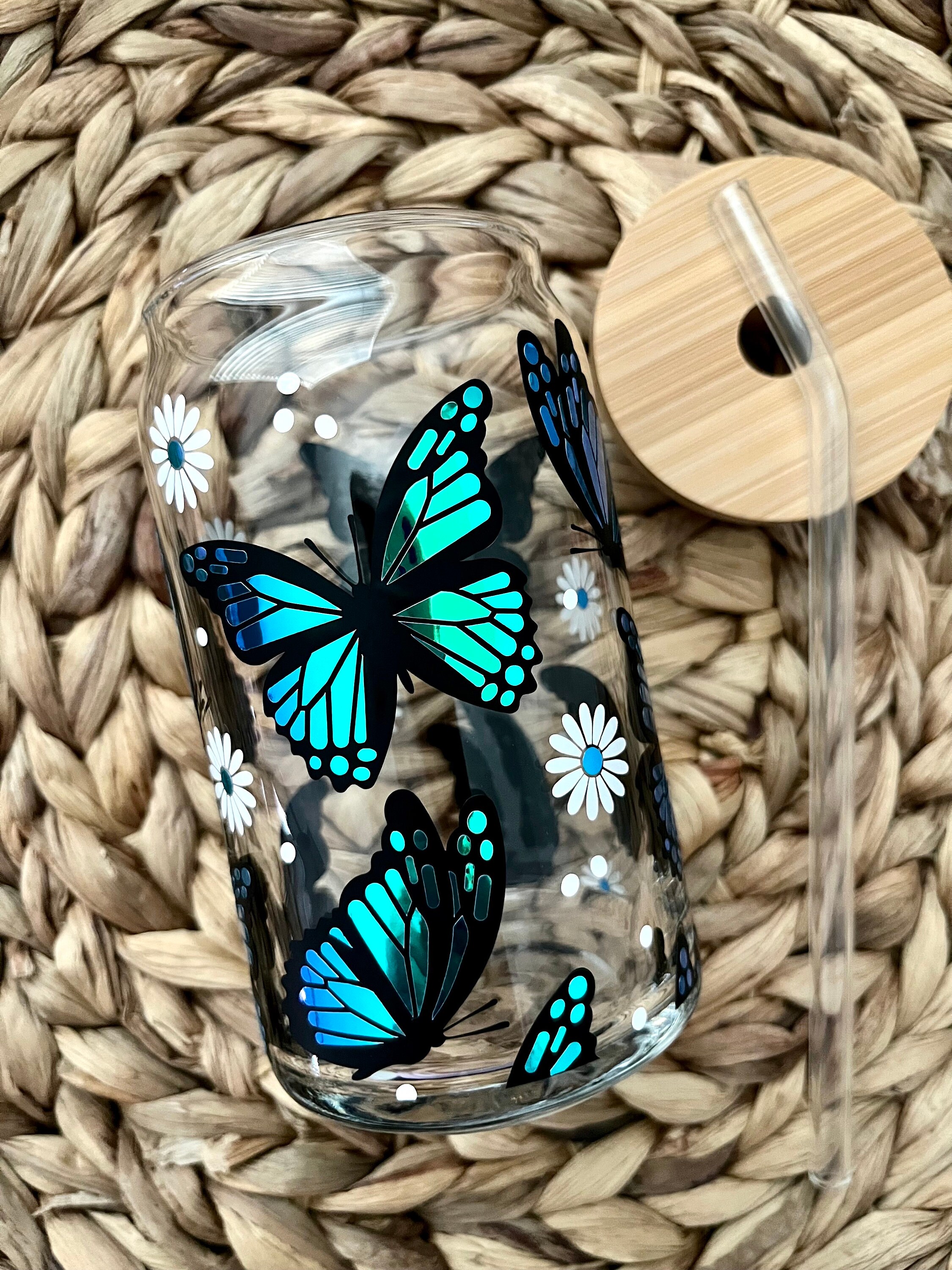 Butterfly Glass Cup / Spring Cup / Iced Coffee Glass / Libbey Glass Cup / Beer Glass Can Cup / Cute Glass Cup / Butterfly Gifts / Custom Cup